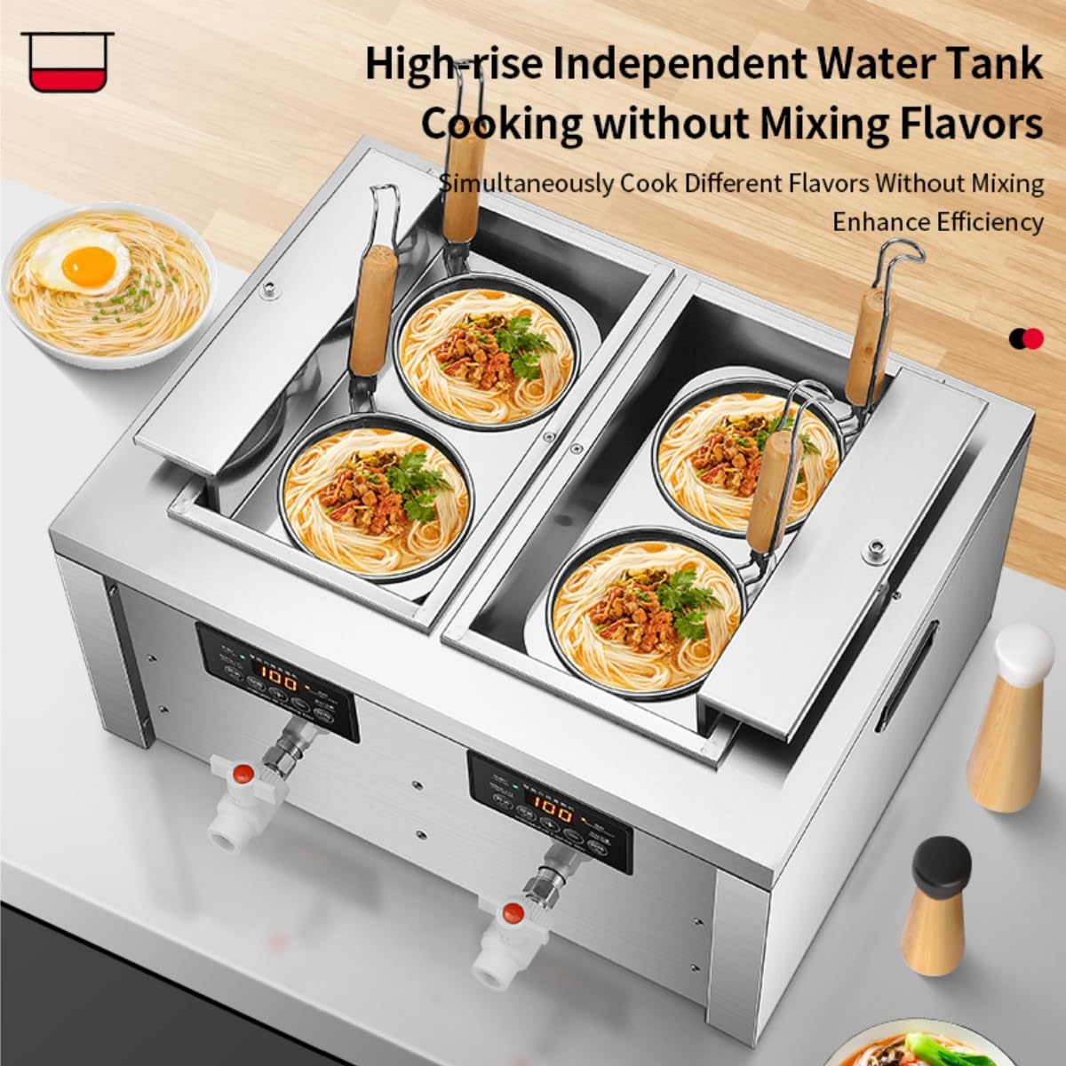 Koalalko Auto-lift Commercial Pasta Cooker with Timer, Noodle Cooking Machine with 2 Drainage,Macaroni Vegetable Dumpling Cooker,Boiler For Spaghetti Ramen,Temperature Adjustable (4 holes)