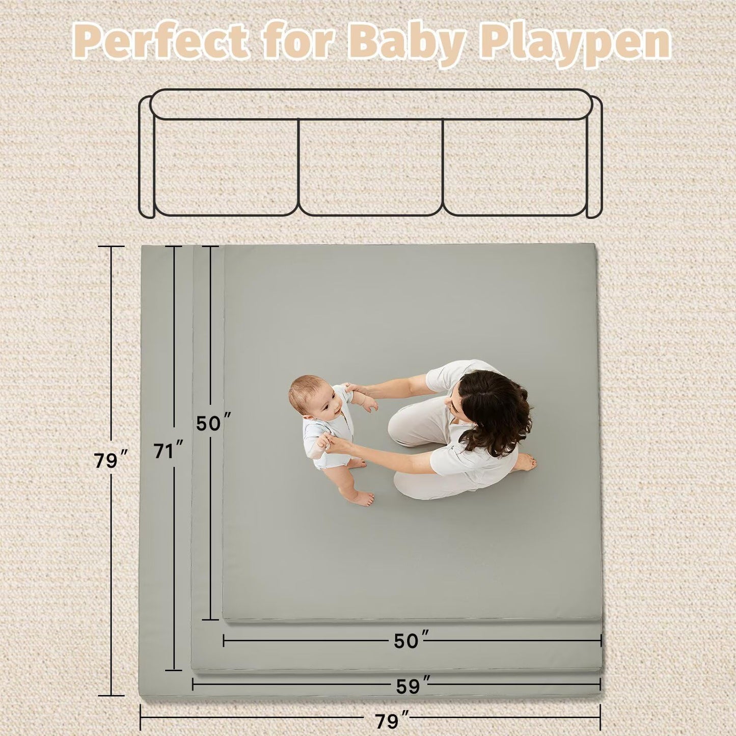 ILPEOD Waterproof Baby Play Mat for Floor Memory Foam 74 * 50 Cushion Playpen Playmat Tummy Time Crawling Mat Nursery Rug Thick Pad Create Soft & Safe Area for Infants,Toddler,Kids,Grey