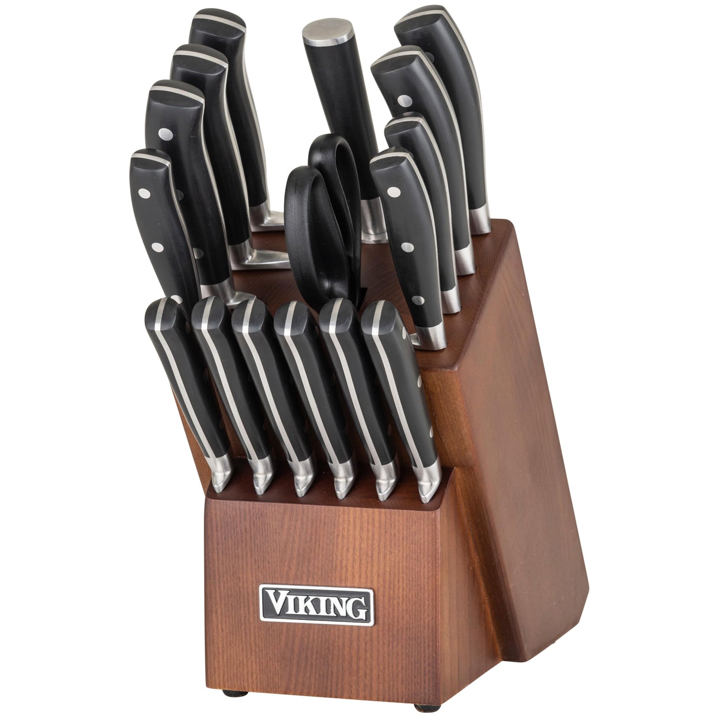 Viking 17 Piece Kitchen Knife Set with Light Walnut Block, Cutlery Set with Stainless Steel Blades and Ergonomic Handles, Dishwasher Safe