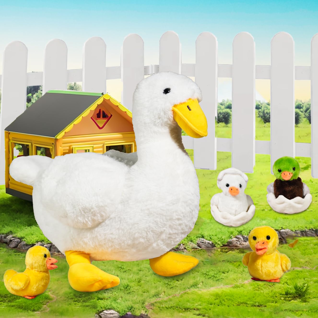 XYHQYB 7 in 1 Duck Stuffed Animal, 12" Zippered Mommy Stuffed Duck Toy with 4 Baby Ducklings and Eggs, Soft White Duck Plushie Pillow for Kids Christmas Birthday Gift Farm Party