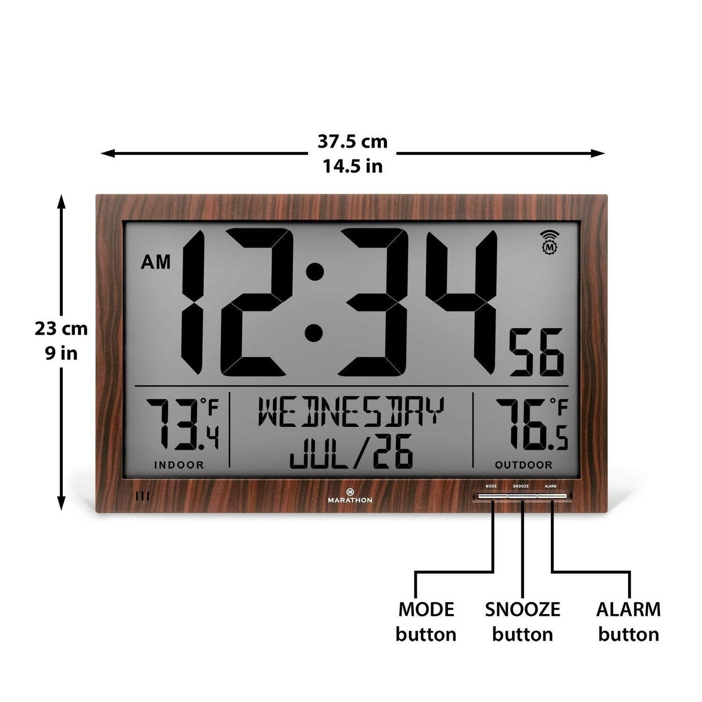 MARATHON Atomic Full Calendar Clock with Extra Large Digits Indoor and Outdoor Temperature