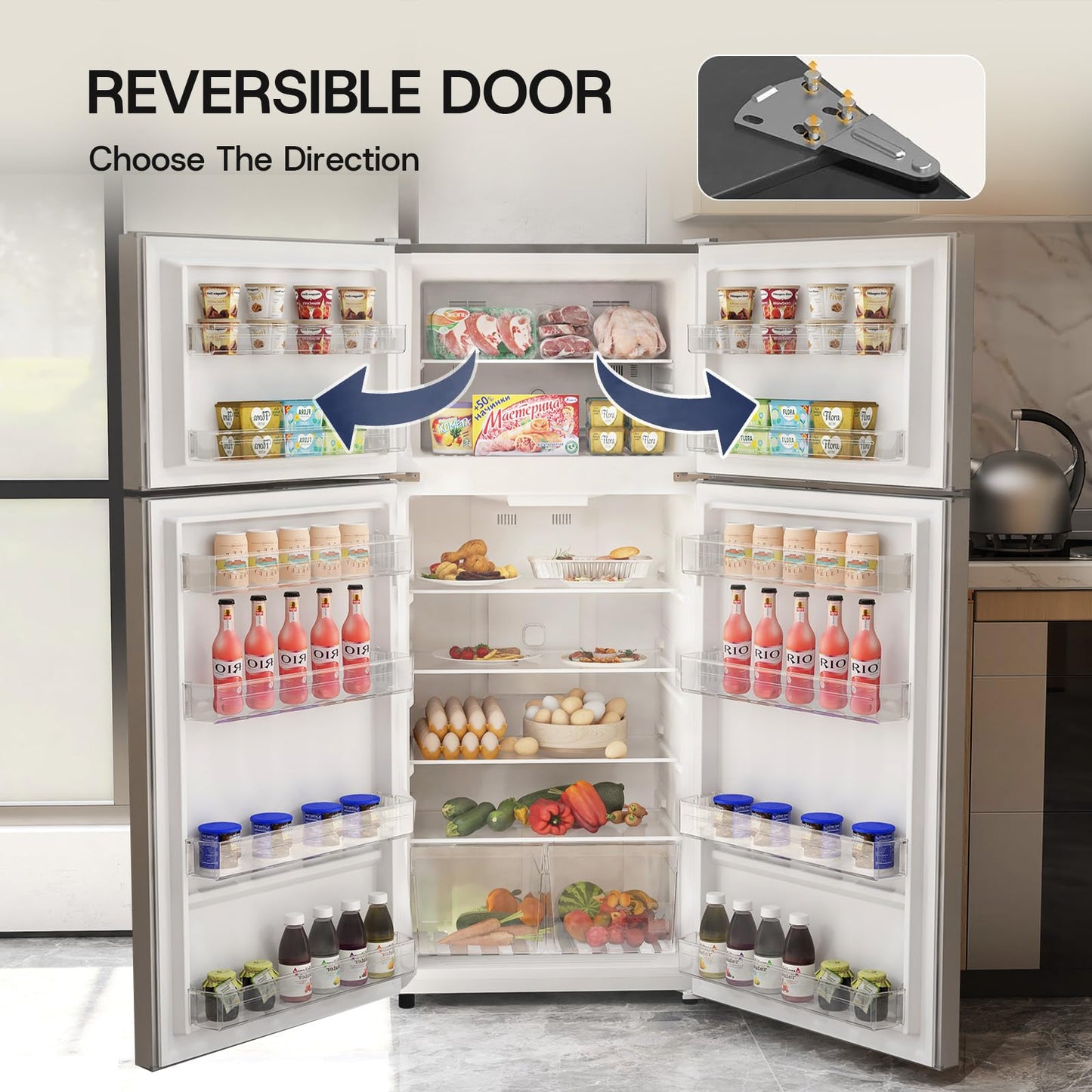 Upstreman 14.6 Cu.Ft. Refrigerator with Top Freezer, 2 Door Fridge with Electronic Thermostat, ENERGY STAR, Low Noise, Frost Free Top Freezer Refrigerator, Reversible Door, Stainless Steel-BD146