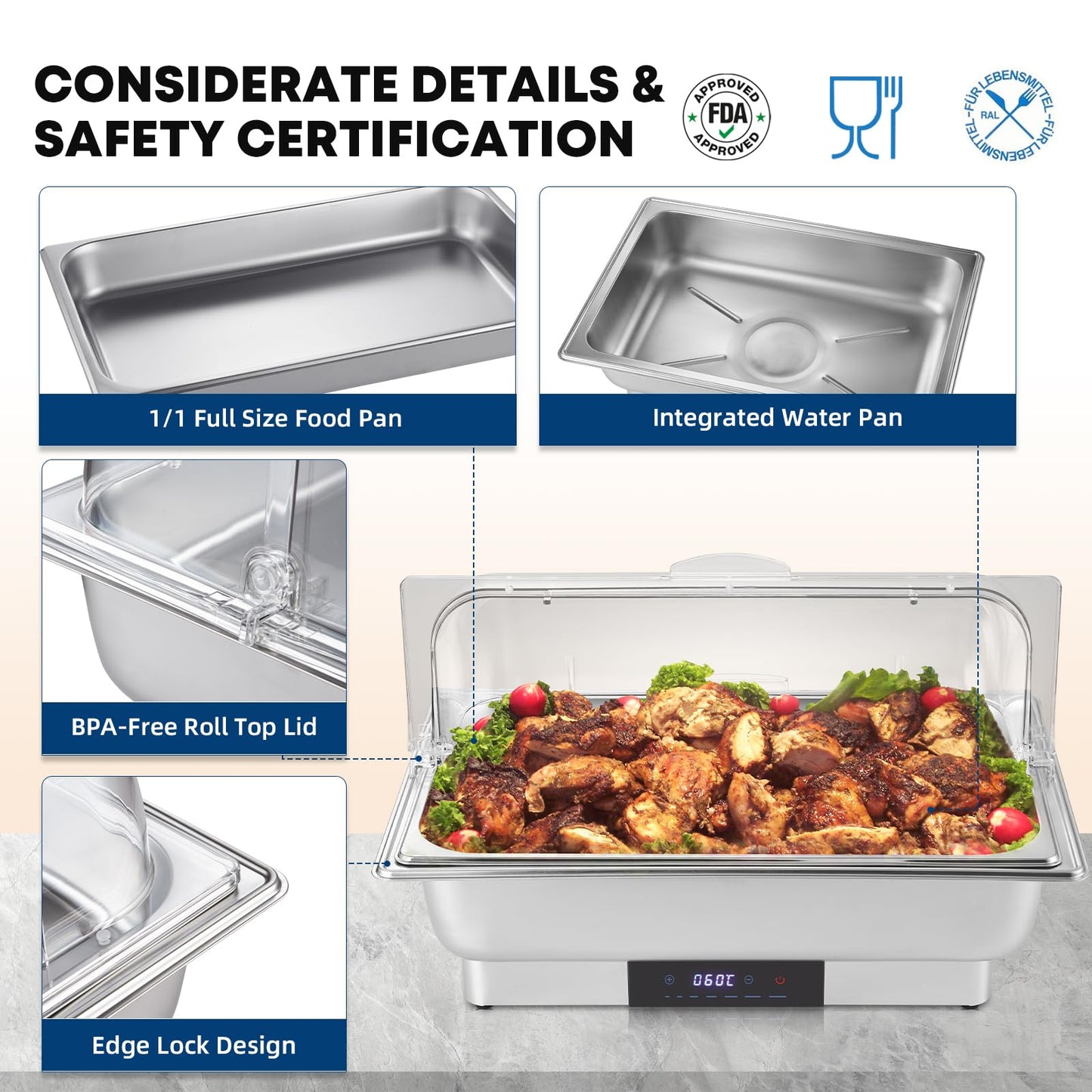 Electric Chafing Dish Buffet Server Set, Stainless Steel Full Size & Half-Size &Three-Section Food Pan with Temp Control, Roll Top Stainless Steel Food Warmers for Catering Buffet (A-02)