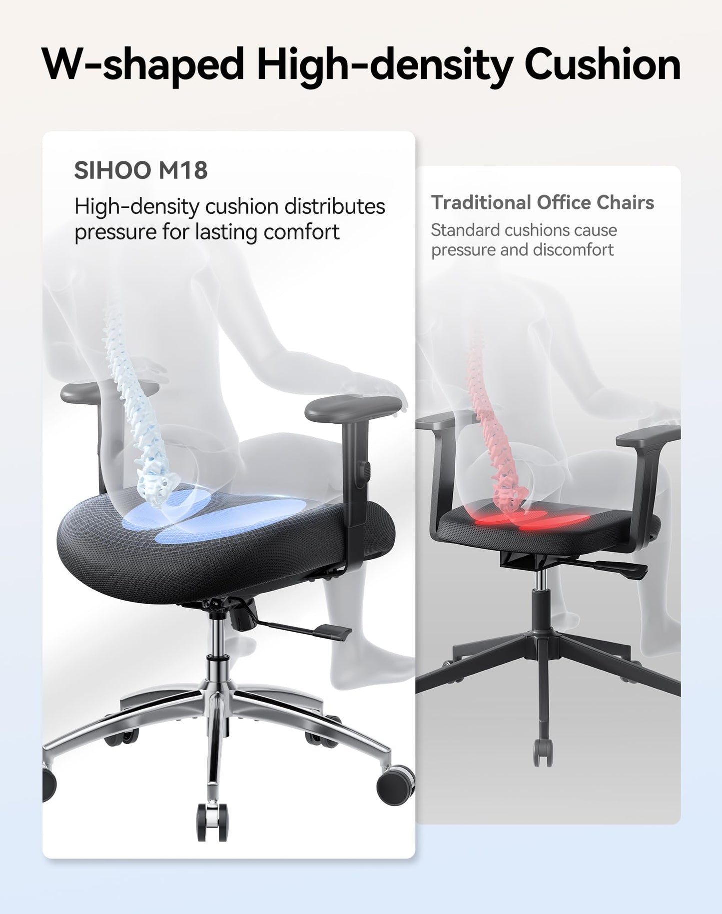SIHOO M18 Ergonomic Office Chair, High Back Mesh Desk Chair with Adjustable Headrest & Lumbar Support, 330lbs Capacity Computer Chair with 2D Armrests & Wide Cushion, Tilt Lock, for Home Office-Black