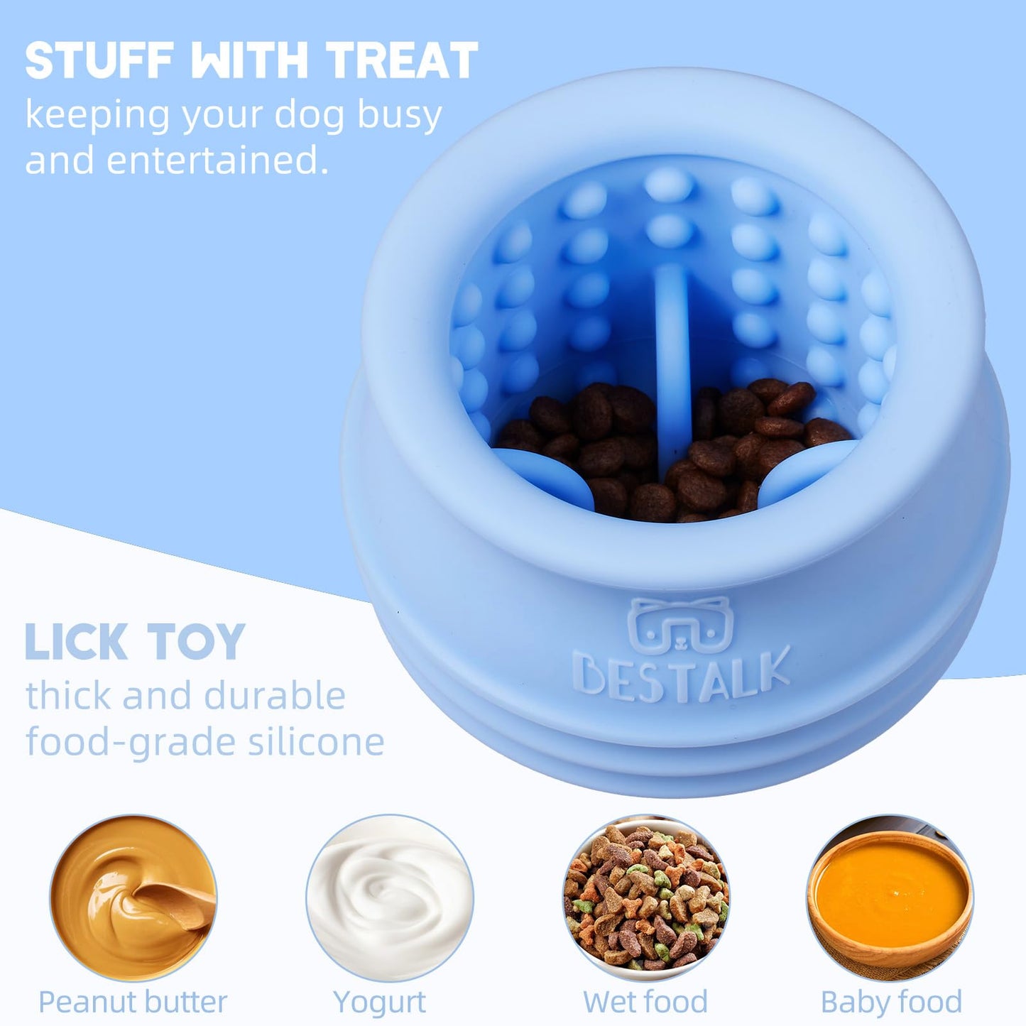 Bestalk Dog Enrichment Treat Toy, Long-Lasting Wobbly Interactive Freeze Lick Toys for Dogs, Stuffable Puzzle Feeder Toy for Boredom, Silicone Treat Dispensing Chew Toy (Baby Blue,M)