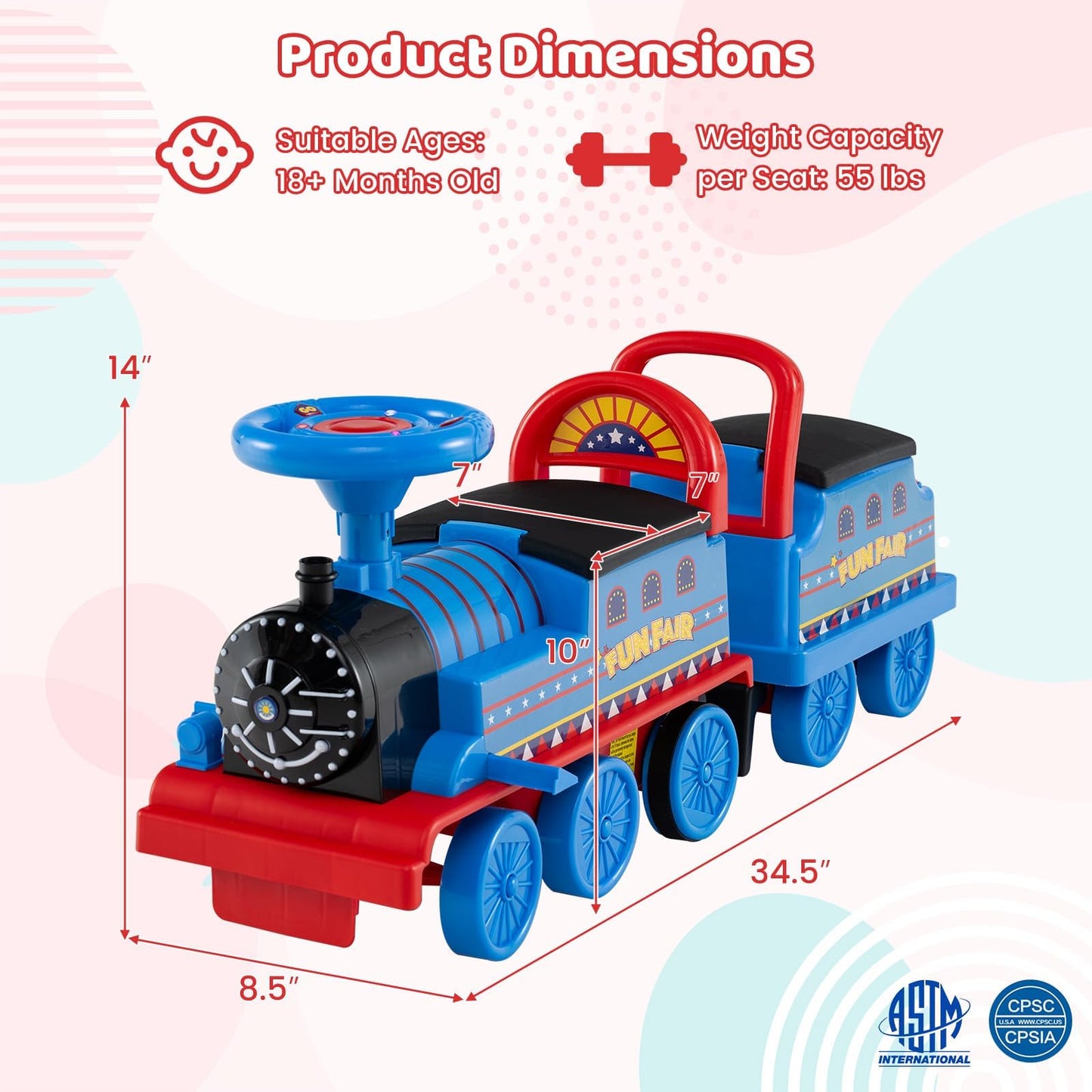 Costzon 2-Seater Ride on Train with Carriage, 6V Ride on Toy w/Under-Seat Storage, Footrests, Train Whistle, Music & Colorful Flashing LED Lights, Electric Car for Kids (2 Seaters, Blue)