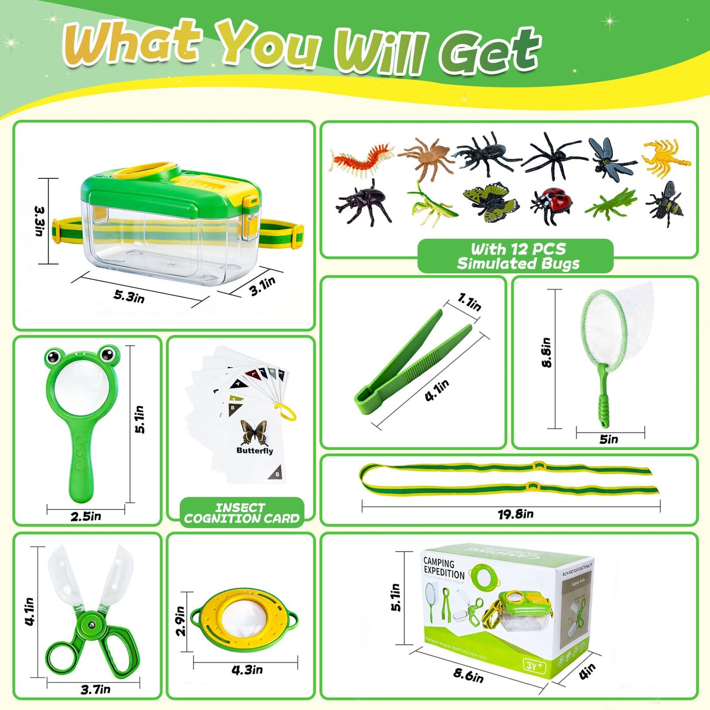 BLOOLILIES Bug Catcher for Kids, 28 PCS Outdoor Explorer Kit with Magnifier Glass Bug Collector Toy Butterfly Net Catcher Tweezers Insect Cognition Cards Outdoor Toys for Kids Ages 4-8 Boys Girls