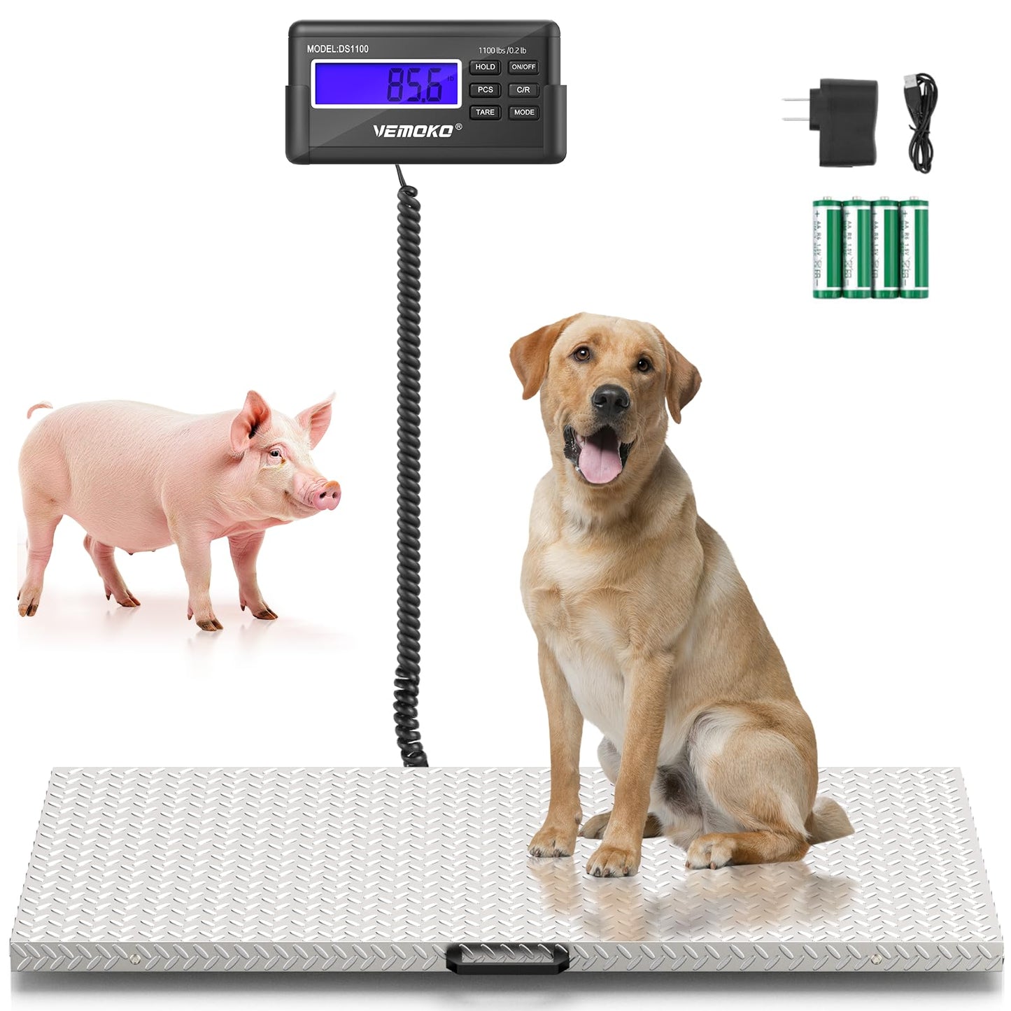 VEMOKO Precision Large Dog Scale - 1100lb x 0.2lb Large Breed Animal Livestock Weight Scale, Pet Scale Non-Slip Stainless Steel Platform for Dogs (Non-Slip Platform)