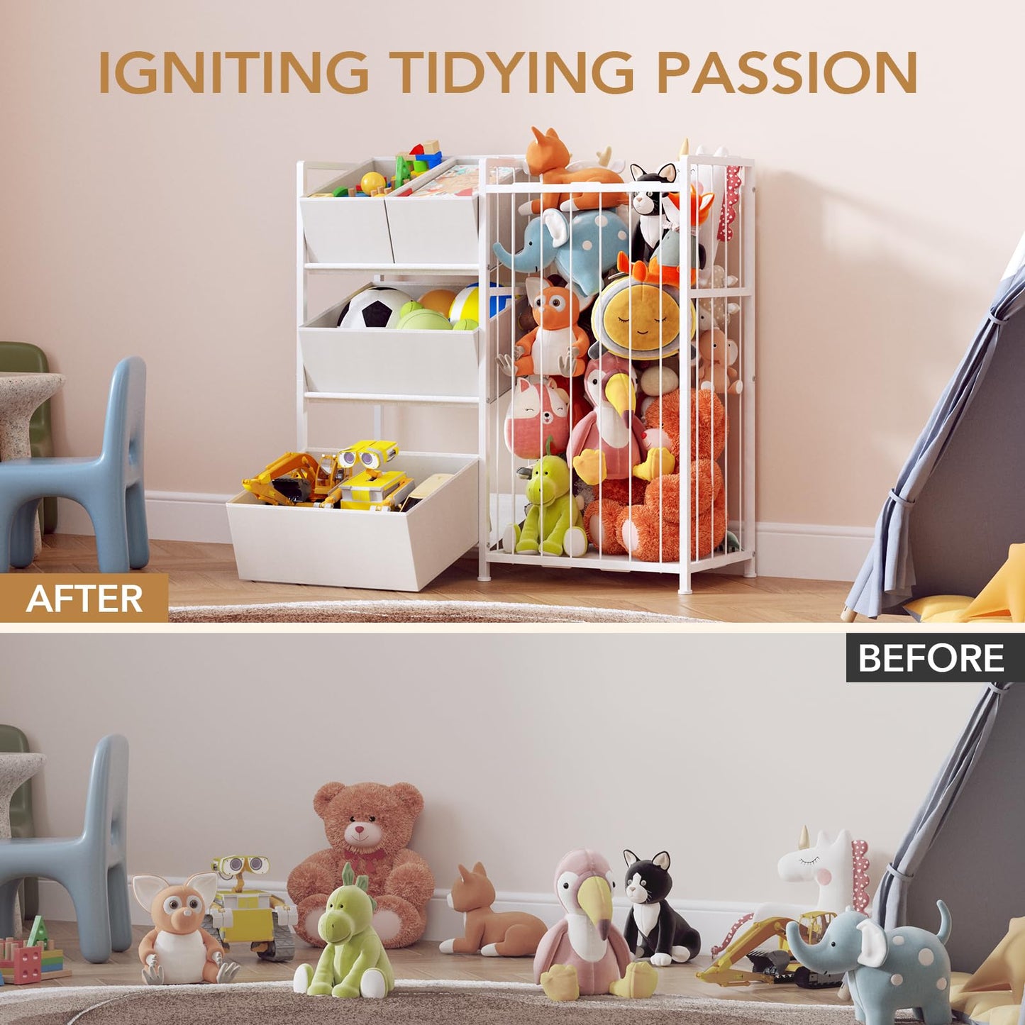 BBLIKE Kids Storage Organizer with 4 Removable Bins, Kids Storage Toy Shelf Organizer for Stuffed Animal Holder for Bedroom Playroom Nursery, White