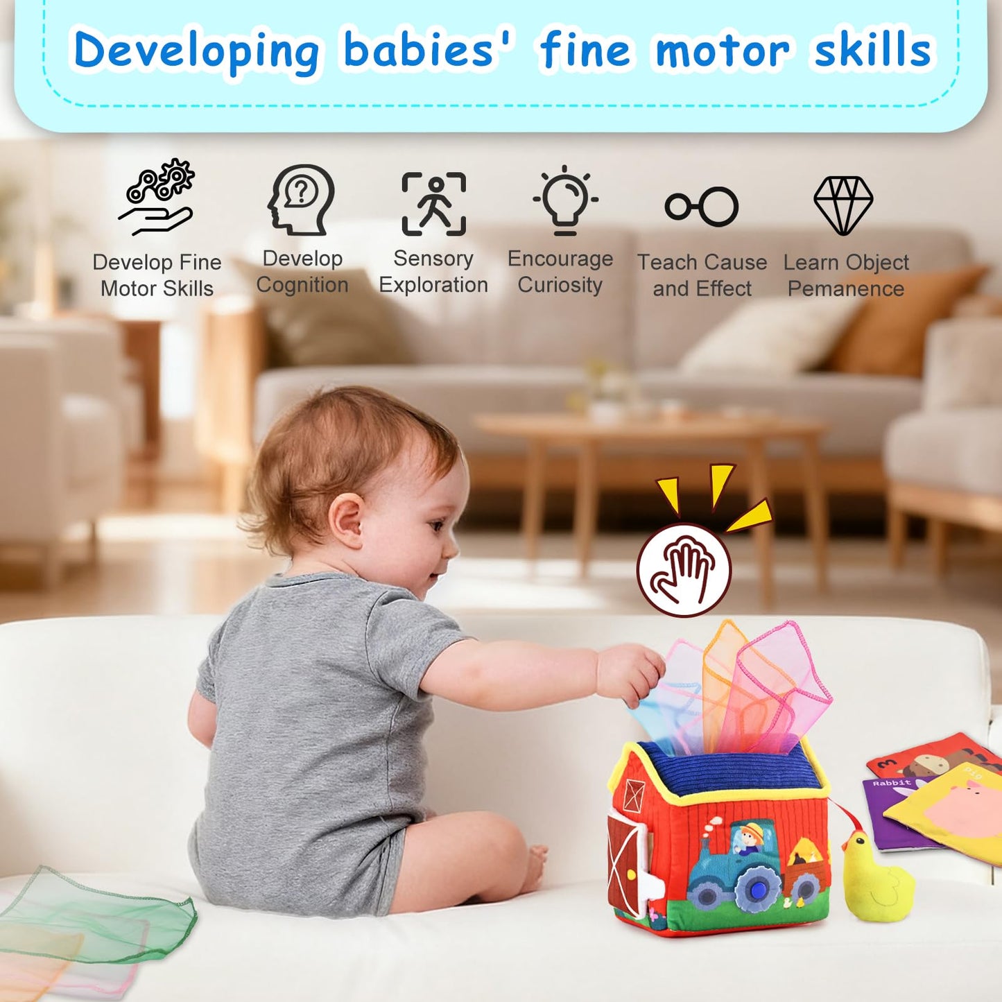 weirtoya Baby Tissue Box Toy-Montessori Sensory Activity Center for 6-18 Months,Farm Animals, Squeaky Sounds, Safety Mirror Play Silks, Top Choice for Baby Registry, Easter Baskets & Birthday Gifts