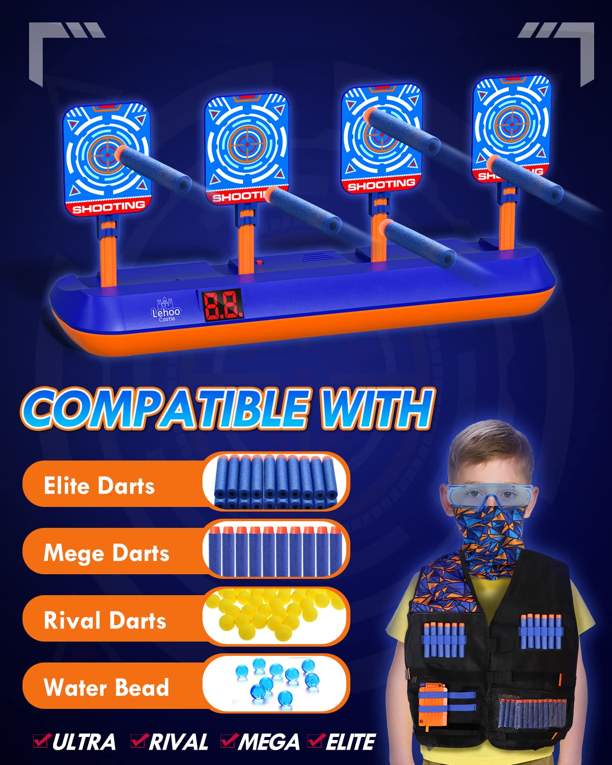 Lehoo Castle Electronic Shooting Targets, Digital Target for Nerf Guns with Auto-Reset, Scoring Shooting Games Includes Kids Tactical Vest, 60 Bullets, Glasses, Gift Toy for Kids Boys Girls