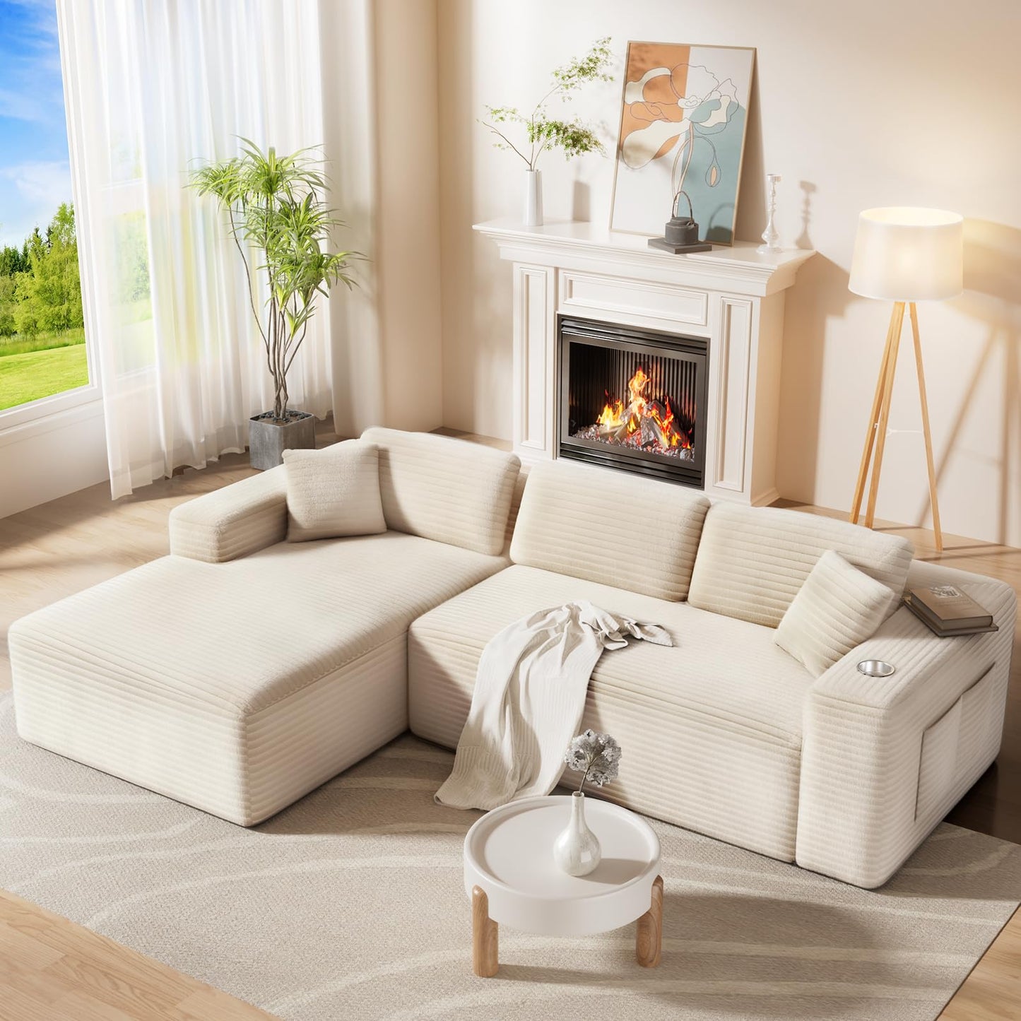 CAMMOO 108” Cloud Sectional Couch in One Box, Compressed Modular Sectional Sofa with Deep Seat, Corduroy Boneless Couches, L-Shaped Sofa for Living Room, 4 Storage Pockets(Left Facing Chaise, Beige)