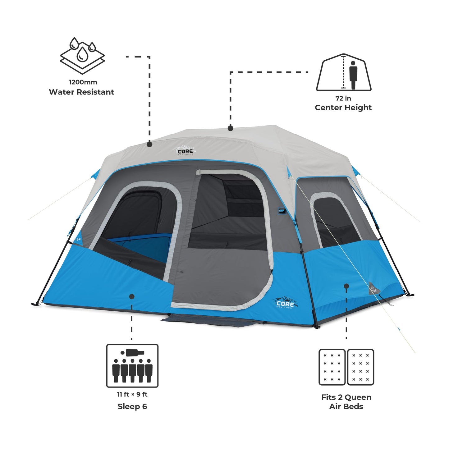 CORE 6 Person Instant Cabin Tent with LED Lights | Large Family Lighted Pop Up Tent for 60 Second Camp Setup | Included Storage Pockets for Camping Accessories
