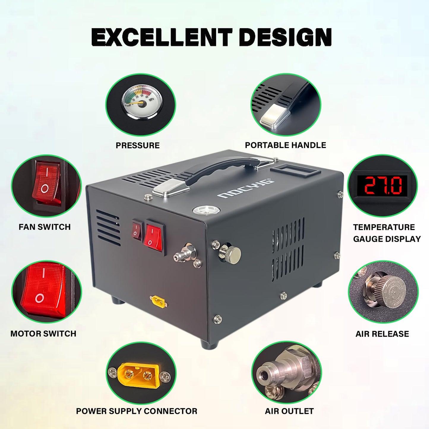 NDCYJG Pcp air compressor 4500PSI Portable Pcp Compressor 12V Dc/110V Ac Pcp Airgun Compressor Manual-stop w/External Power Adapter Built-in Fan Suitable for Paintball Air Rifle Scuba Bottle