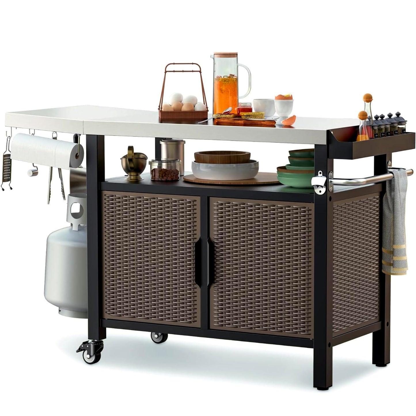 onlyfire 53-Inch Dining Cart Table Storage Cabinet with XL Stainless Steel Countertop, Rolling Kitchen Island Worktable with Side Shelf and Wheels for Indoor Outdoor