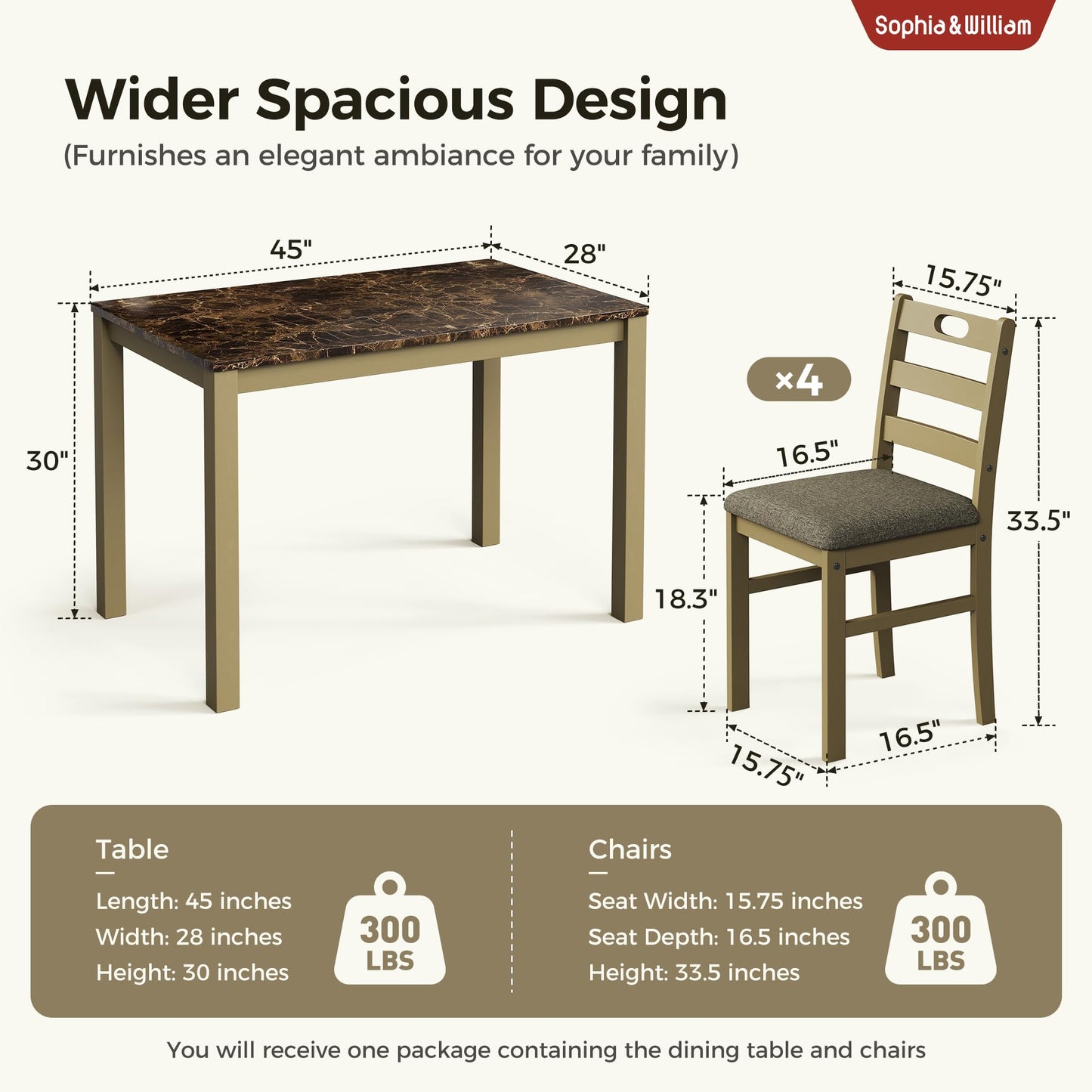 Sophia & William 5 Piece Dining Table Set for 4, Faux Marble Kitchen Table and Chairs Set, Solid Wood Farmhouse Dinner Table Set,Emperador Dark Marble & Olive