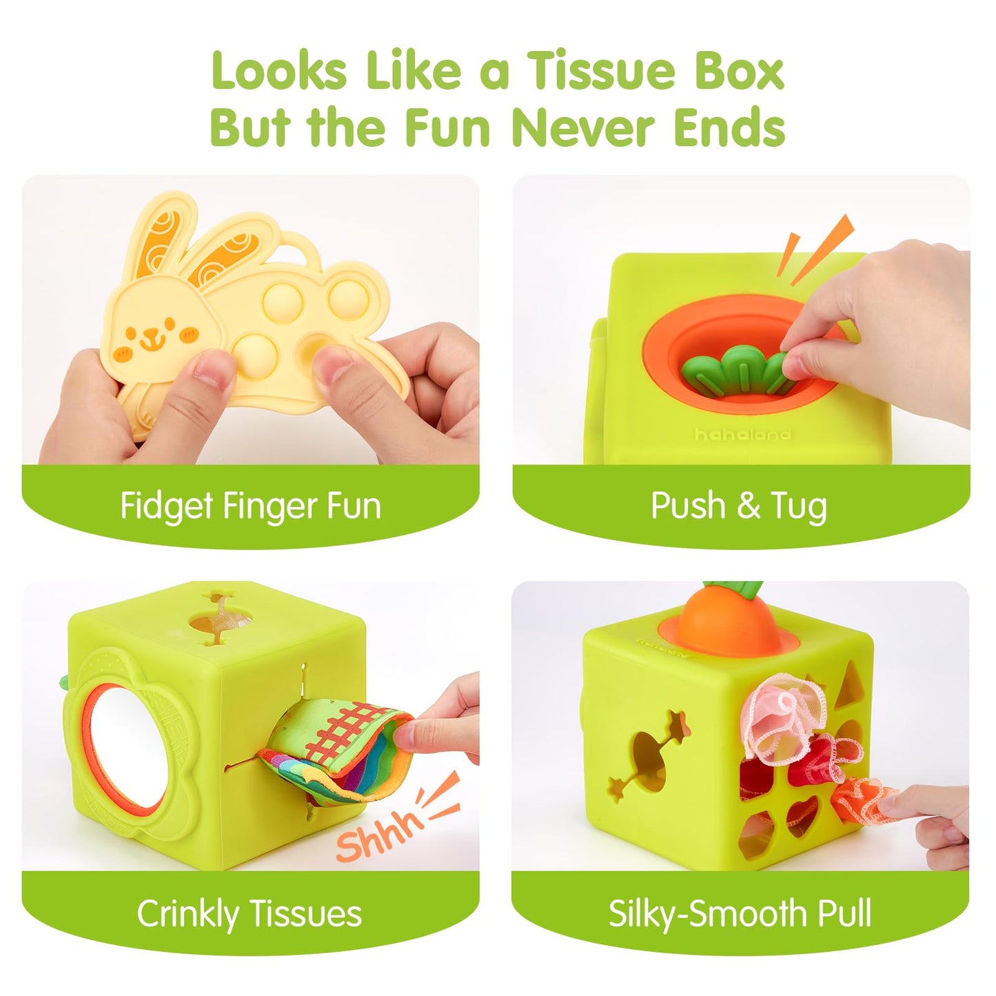 hahaland Baby Toys 6-12 Months - 13 PCS Whats Inside Box Surprise Developmental Toy and Silicone Baby Tissue Box Toy, Montessori Toys for 6 Month Old Gifts