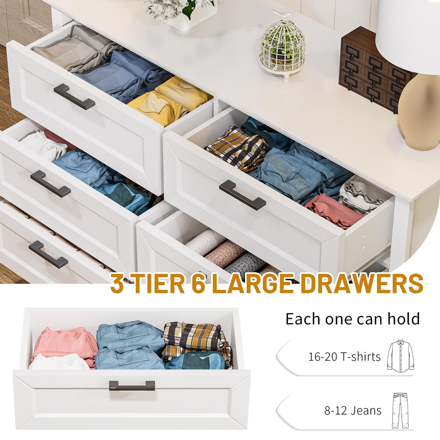 ZLWJGY White Dresser for Bedroom with 6 Drawer, Bedroom Furniture Organizer Storage, Wood Double Dresser & Chest of Drawers, Modern Farmhouse Style, Dressers for Closet, Living Room 30” Tall