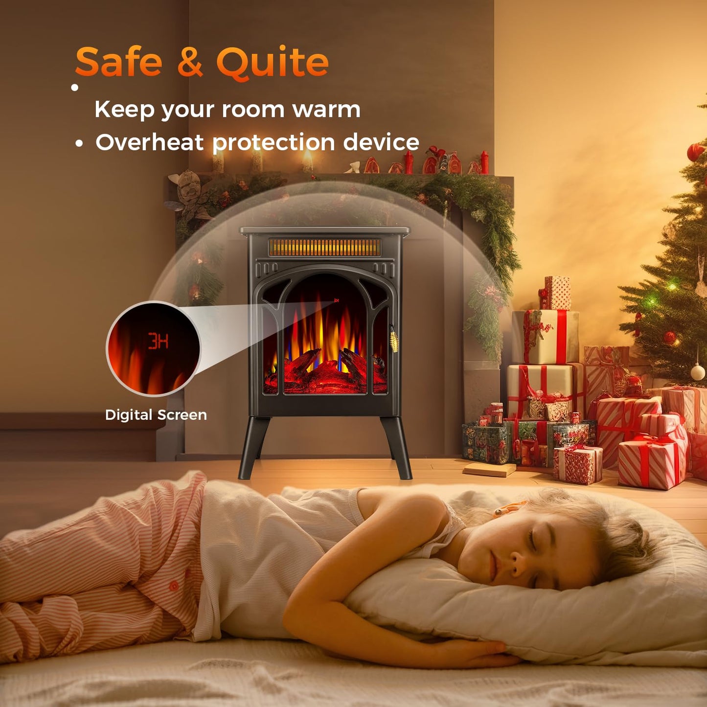 Electric Fireplace Stove, 1500W, Fast Heating, X Infrared Fireplace Heater with Remote Control, 8H Timer, Freestanding Stove with Adjustable 3D Flame Overheat Protection, Indoor Fireplace