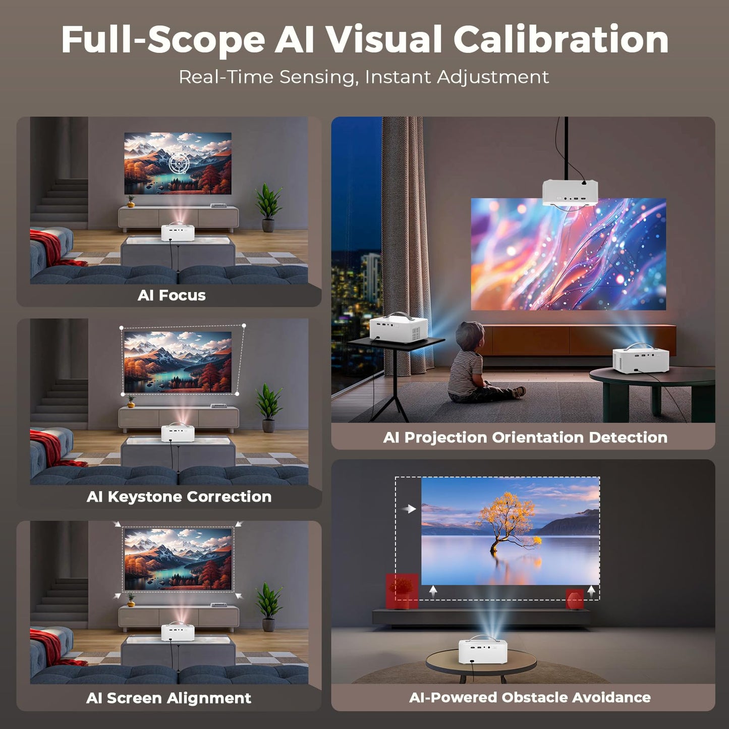 Outdoor-Projector-4k with WiFi and Bluetooth, 2500 ANSI & Official-Apps & AI Movin 2.0 OS, 35W DoIby Smart Proyector with AI Auto Focus HDR10+, Lisowod 4k Portable Projector for Bedroom/Celling/Home