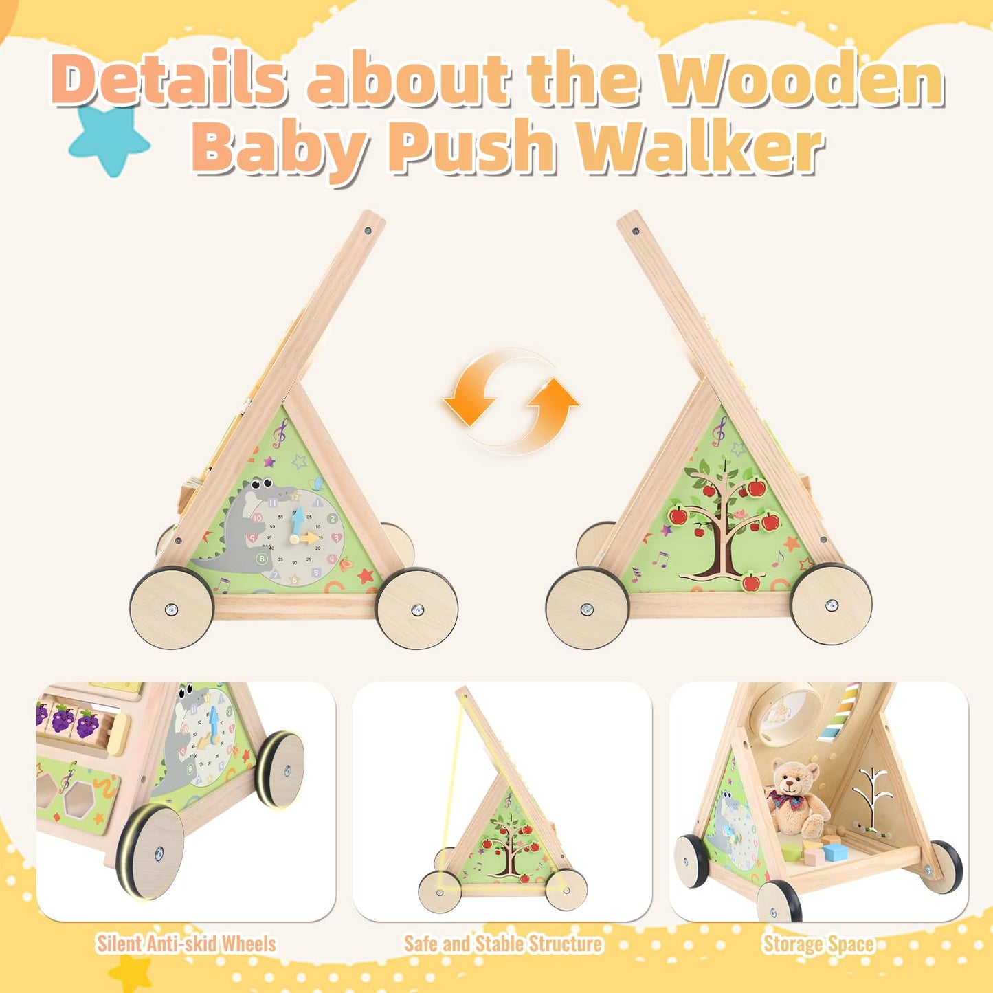 Wooden Baby Walker with Wheels Baby Push Walker for Boys Girls 6-12 Months Wooden Walker Activity Center Walking Toys for 1 Year Old Learning to Walk Sit to Stand Walker for Baby 12-18 Months Push Toy