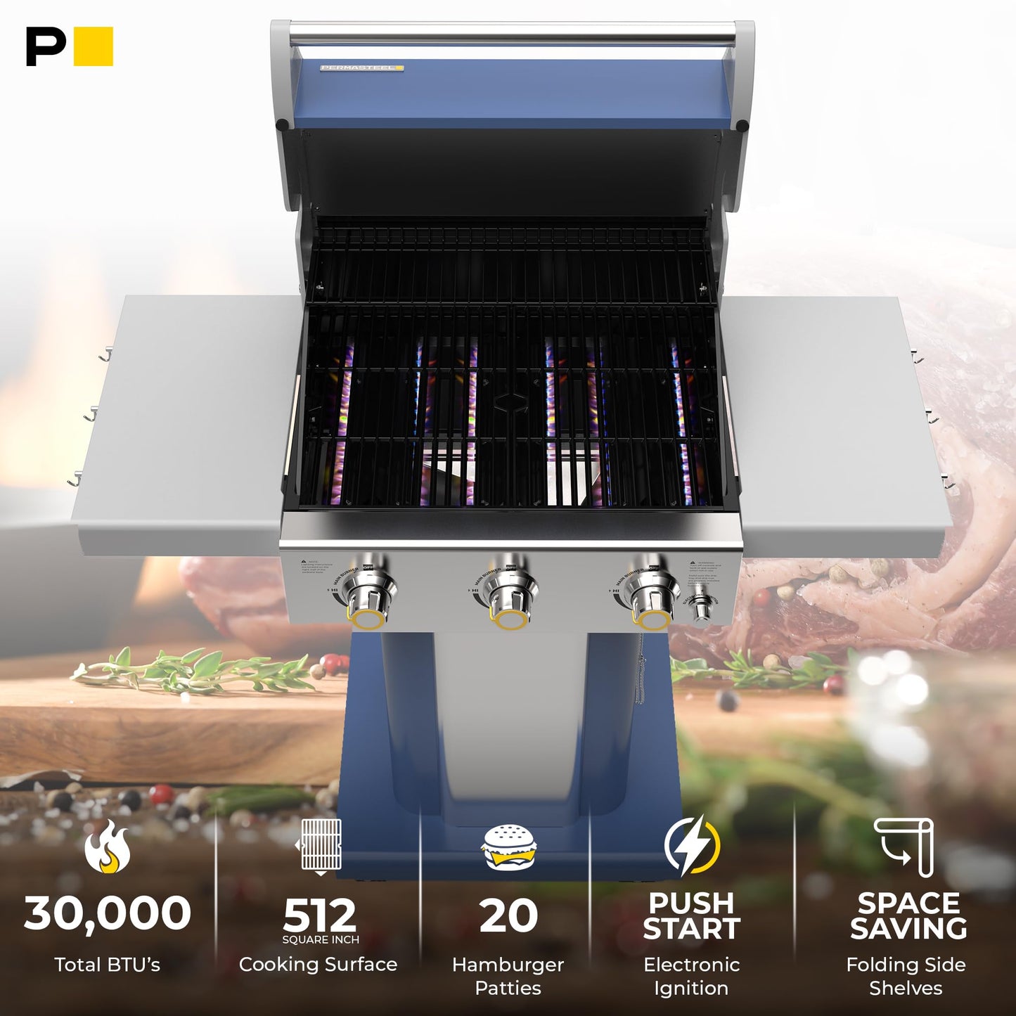 Permasteel 3-Burner Propane Gas Grill, 30,000 BTUs BBQ Grill with Cast Iron Grates, Foldable Side Tables & Tool Hooks, Outdoor Grill, Azure