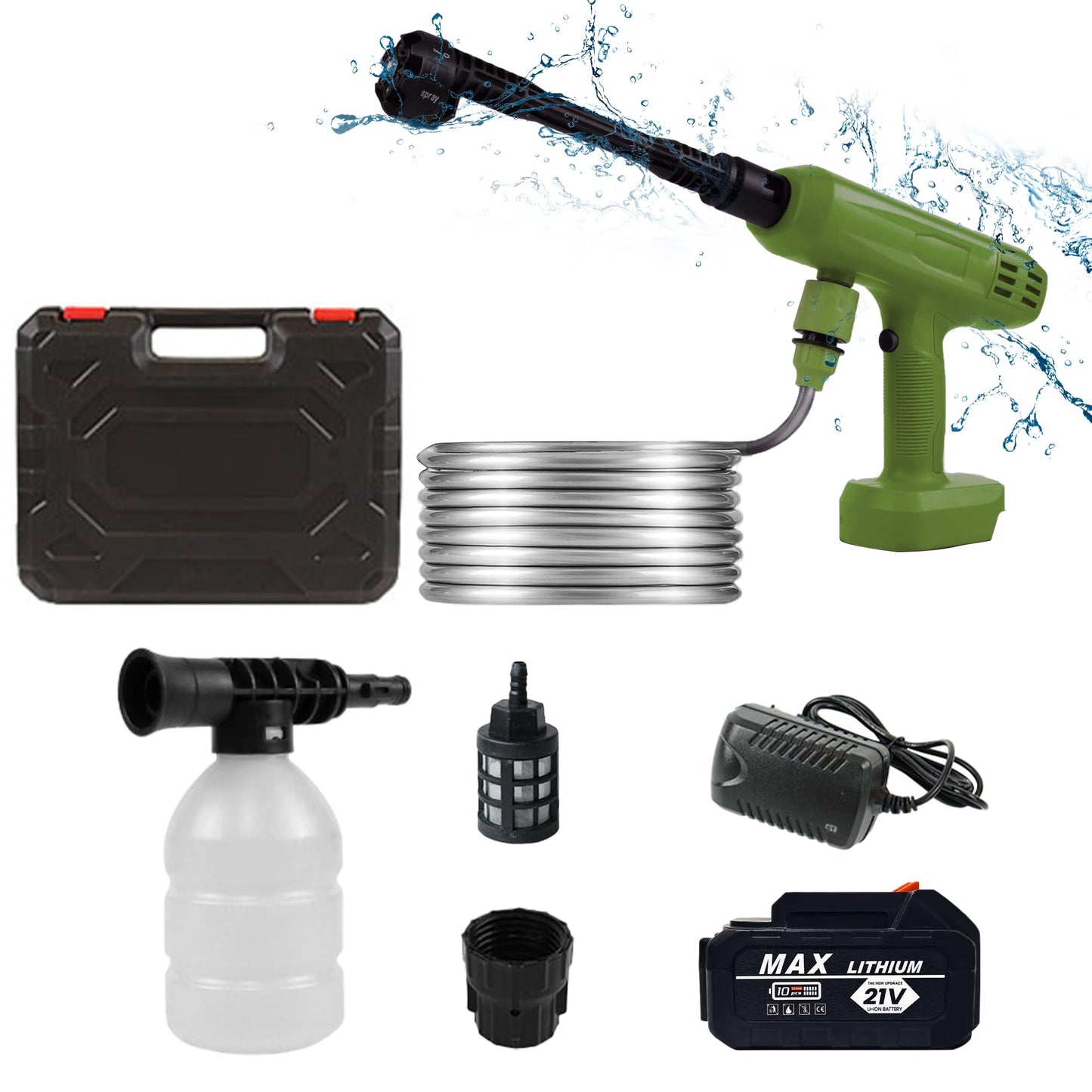 VLAIAN Cordless Pressure Washer,1200PSI Portable Power Washer with 4Ah Battery&Charger,6-in-1 Nozzle,5 Meter Hose,Handheld High-Pressure Car Washer for Cars/Yard/Home/Floor,Green