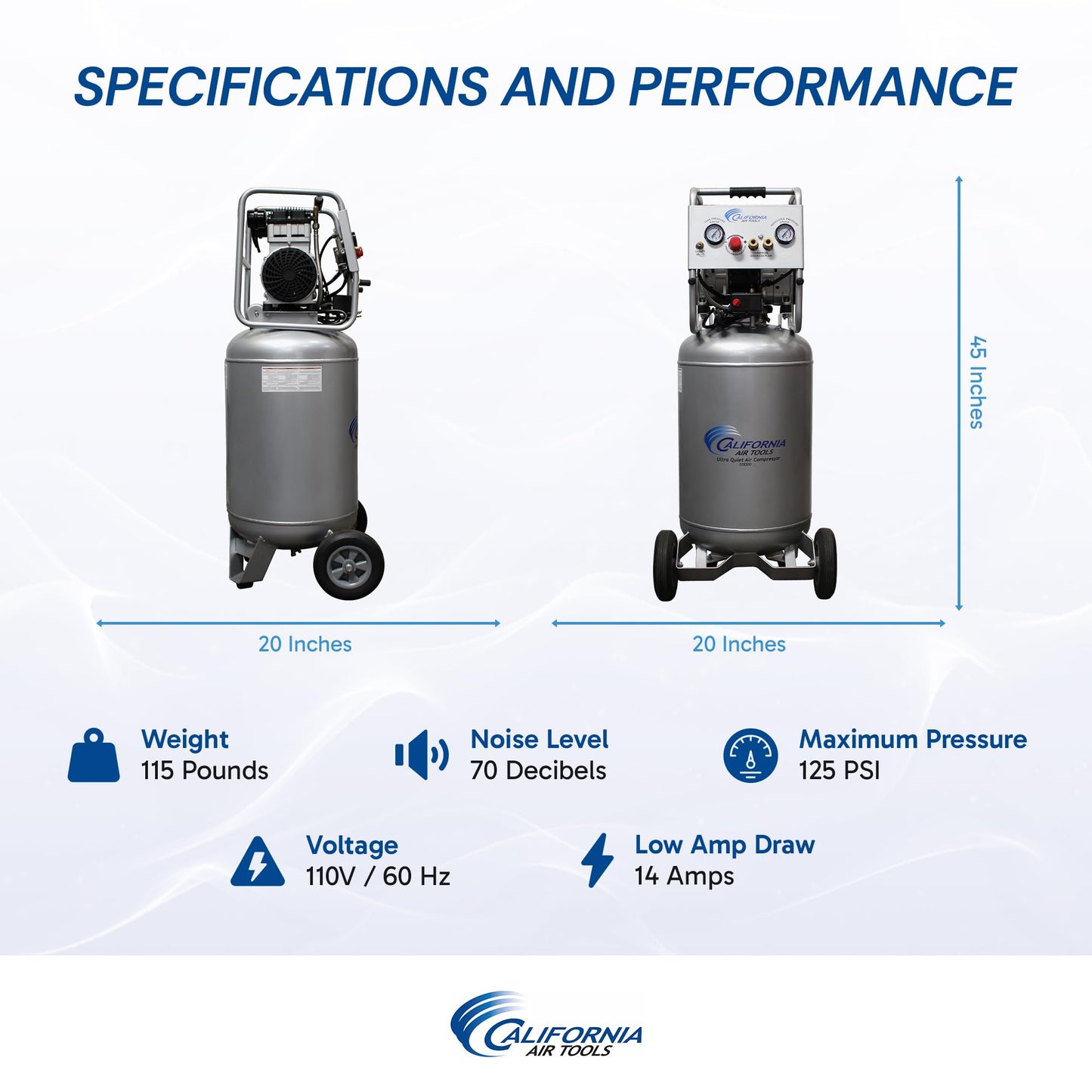 California Air Tools 20020AD 2.0 HP Ultra Quiet and Oil-Free Air Compressor with Wheels, 20 Gallon Tank Capacity, 70 dB Noise Level, Electric, Portable, with Automatic Drain Valve
