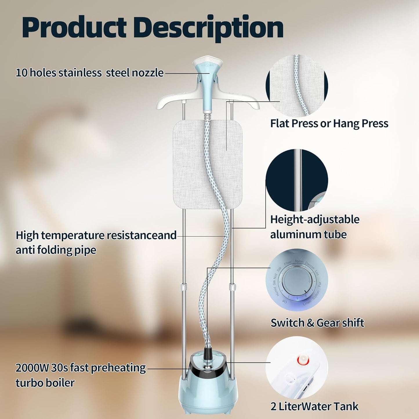 Upright Steamer for Clothes 1350W Turbo Boiler Standing Garment Steamer 1.6L Water Tank 1h Continuous Steam Flat&Hanging Ironing Double Retractable Rod 10 Modes 30s Fast Preheat for all Fabrics