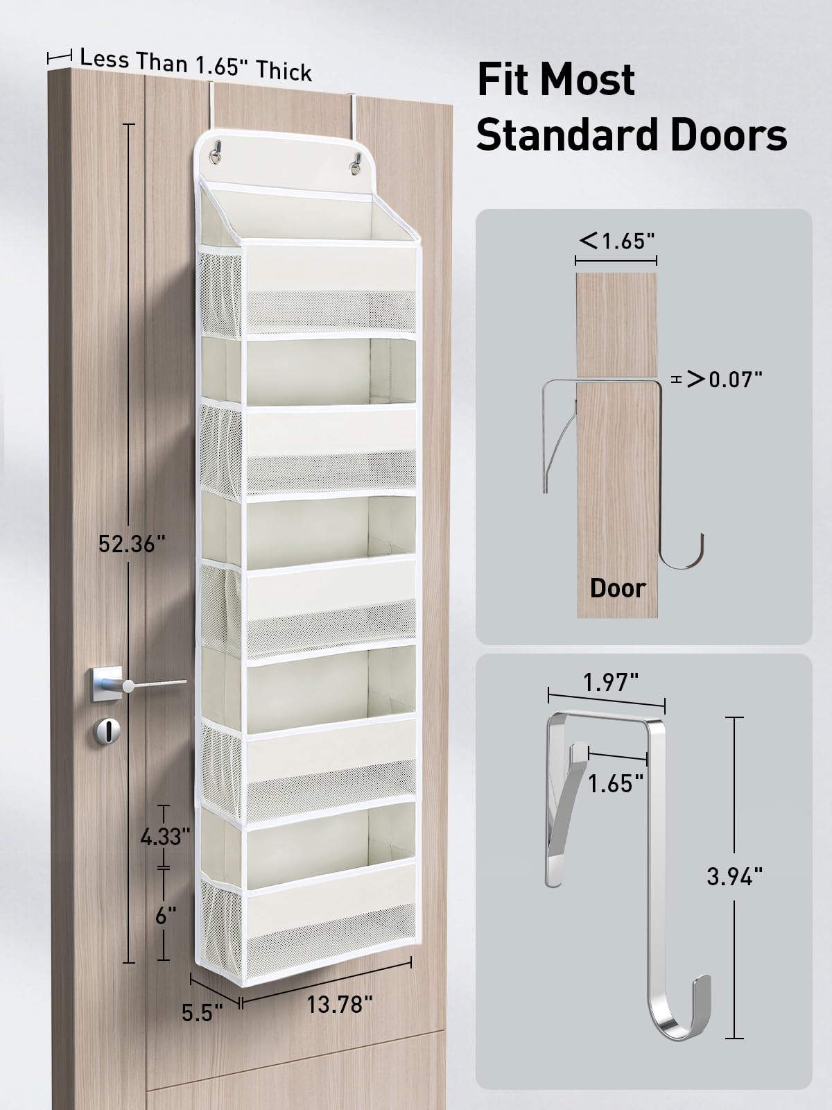 Yecaye 5 Tier Over the Door Organizer, 44lbs Load Toy Stuffed Animal Storage 10 Side Pockets, Bathroom Organizers and Storage for Nursery Newborn Baby Essential Stuff Dorm Room Essentials, Cream White