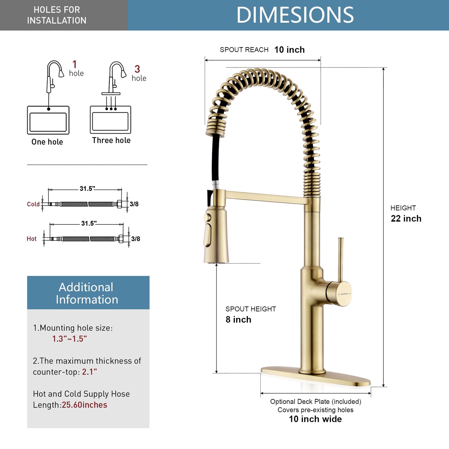 Lavatrum 22‘’ Extra-Tall Brushed Gold Kitchen Sink Faucets, Commercial High Arc Single Handle Kitchen Faucets for Pull Down Sprayer Modern Spring with Deck Plate 22 inch