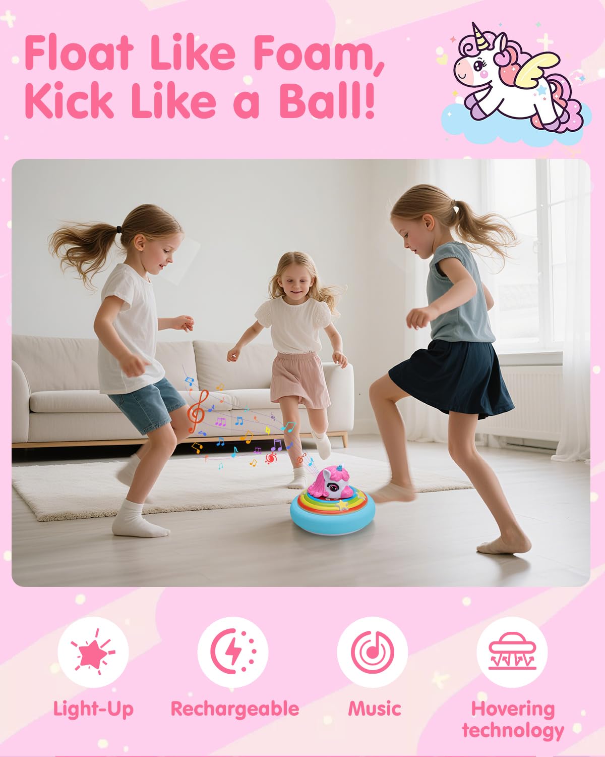 Givzan Hover Soccer Ball for Kids Indoor Toys for Girls Age 6, 7, 8, 9, 10, 11, 12 Year Old, Girl Birthday Gifts Unicorn Toys, Rechargeable Air Floating Soccer Toy with LED Lights Foam Bumper