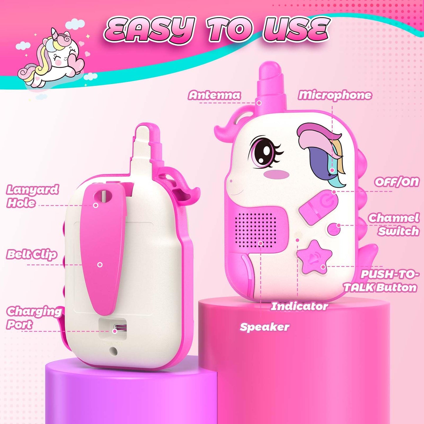 Rechargeable Walkie Talkies Toys for Girls: Unicorn Toys Walkie Talkies for Kids 2 Pack Birthday Gifts for 3 4 5-7 Year Old Girls Toy for 4 5 6 7 Year Old Grandkids Camping Outdoor Games