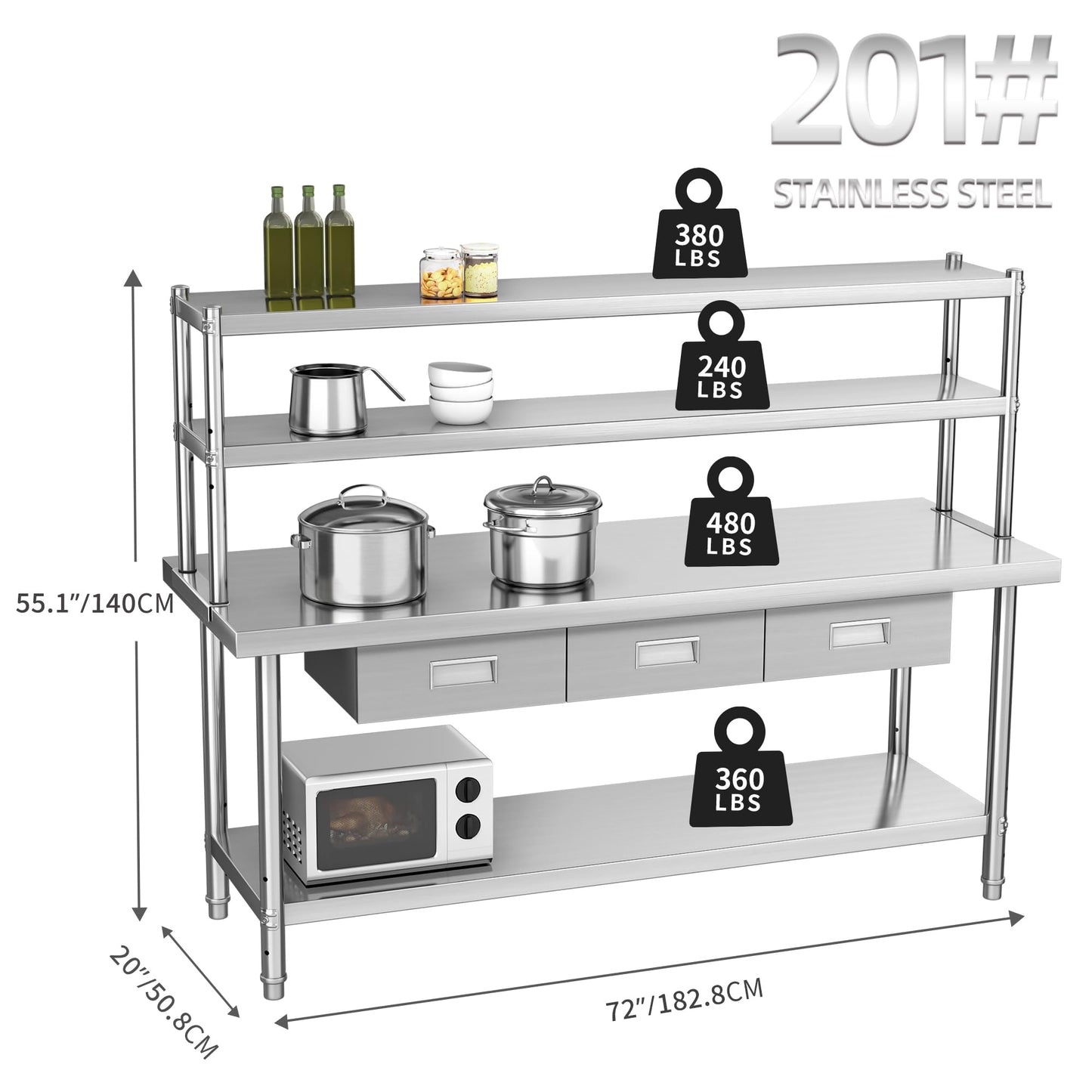 YITAHOME NSF Stainless Steel Table with Overshelves & Drawers, 72" X 24" Worktable with 72" X 12" Shelf & 3 Drawers, Metal Prep Workstation