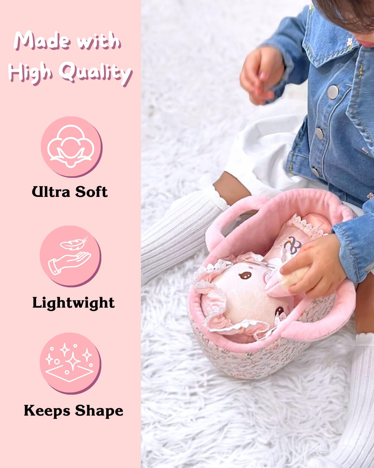 LeyaDoll Soft Baby Doll Set for Toddlers – Pretend Play and Doll Feeding Carrier Bassinet Toy with Plush Cradle, Blanket & Feeding Bottle, 1-3 Girls Birthday
