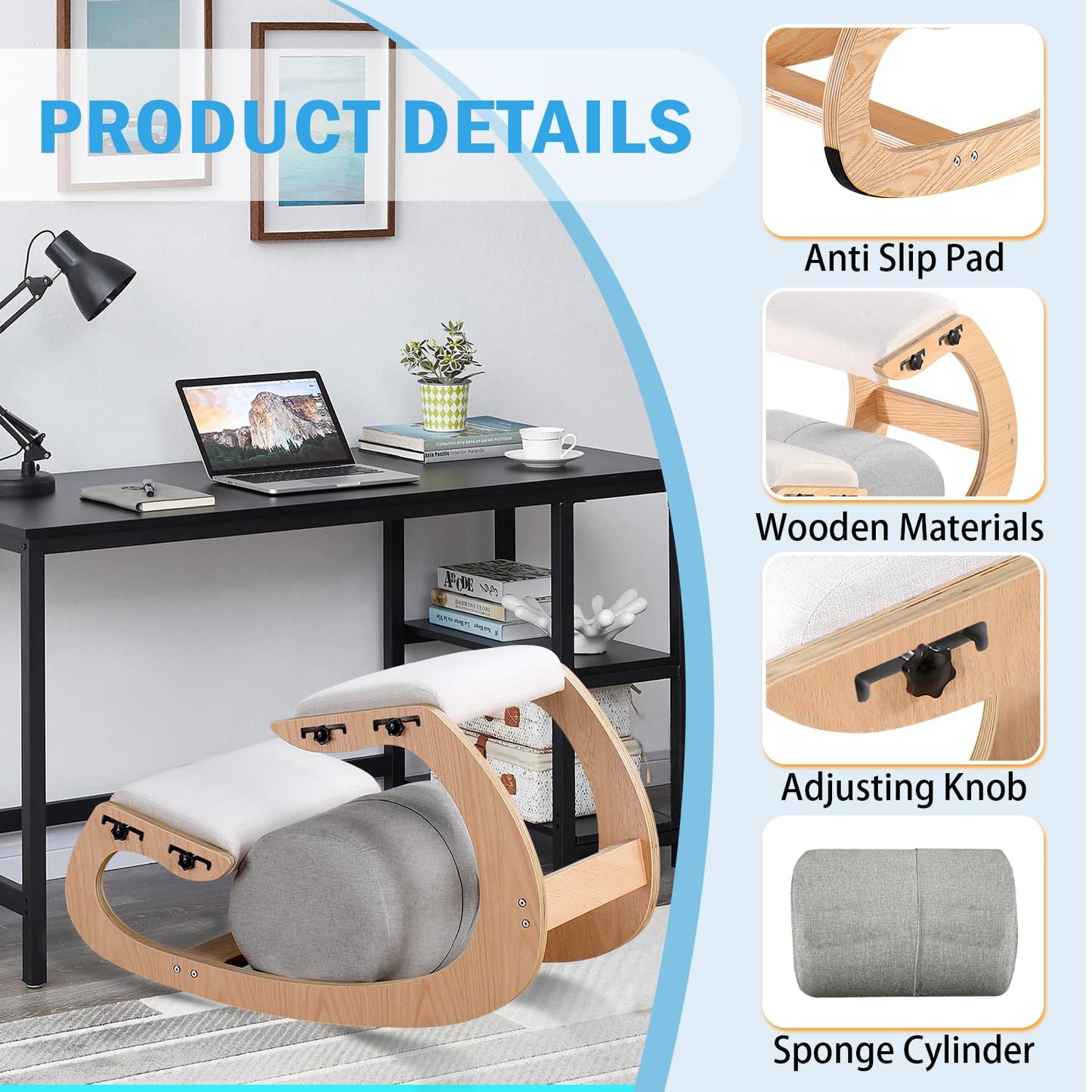 Adjustable Kneeling Chair, Wooden Ergonomic Chair Knee Chair Posture Chair - Improve Your Posture with an Angled Seat for Home,Office (Wood Color+ Pads)