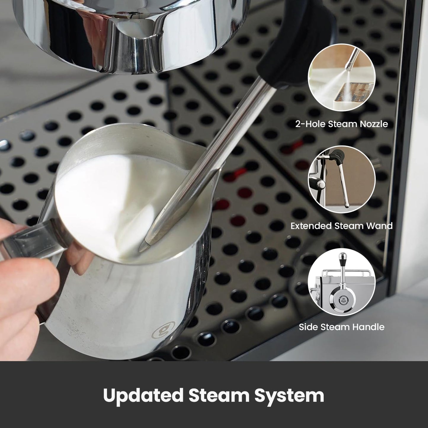 Gemilai Owl Espresso Machine, 15 Bar Professional Semi-Automatic Espresso Maker with Milk Frother Steam Wand & 57oz Removable Water Tank, Dual Display, for Cappuccino, Latte, G3006, Stainless Steel