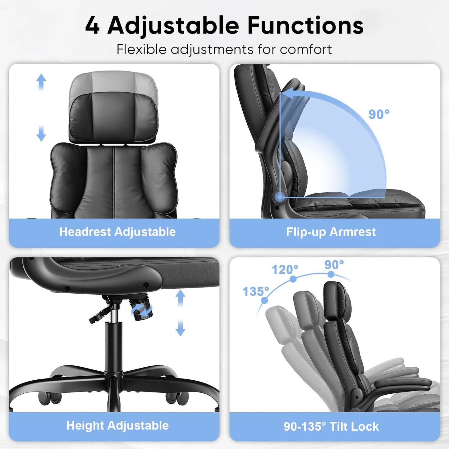 Kensaker Executive PU Leather Office Chair, Computer Chair with Thick Cushion & Lumbar Support, Ergonomic Desk Chair with Adjustable Headrest & Armrests,Black