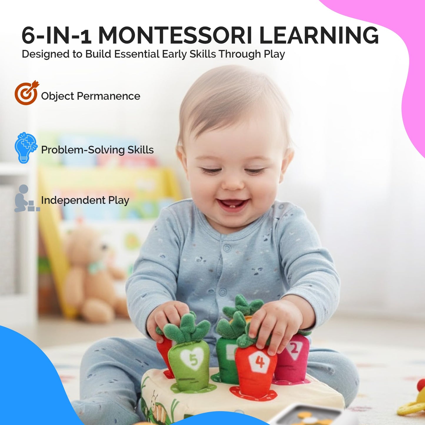 SmileyBubs Montessori Baby Toys 6-12 Months, Montessori Toys for 1 Year Old, Baby Sensory Toys for 6-12 Month Infants - A Sliding Box, Puzzle, Switchboard, Pulling Carrots, Doll, Fruit Flash Cards