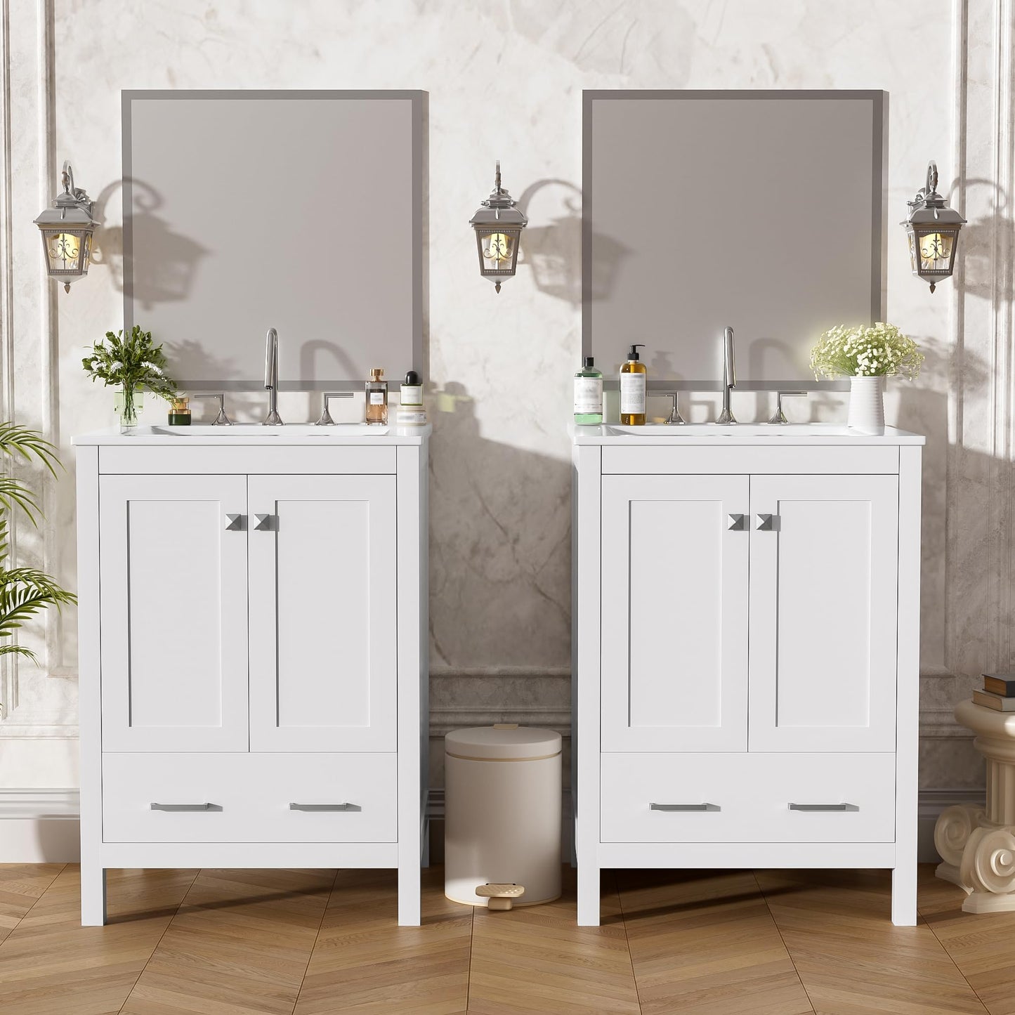 Favfurish 48" Bathroom Vanity with Ceramic Double Sink, Undermount Double Basin Vanity Set w/2 Divided Drawers and 4 Double-Layer Soft Close Doors & Built-in Shelf, Freestanding Storage Cabinet,White