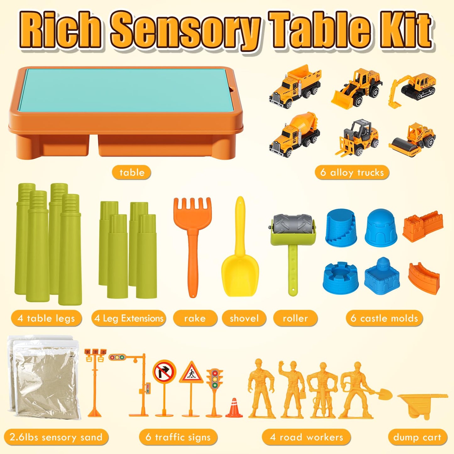 Lehoo Castle Sensory Table with Sensory Sand, Indoor Sensory Bin with Lid & 2.6lbs Play Sand, Construction Kit with 6 Alloy Trucks & Castle Molds, Sensory Toys for Toddler Boys and Girls