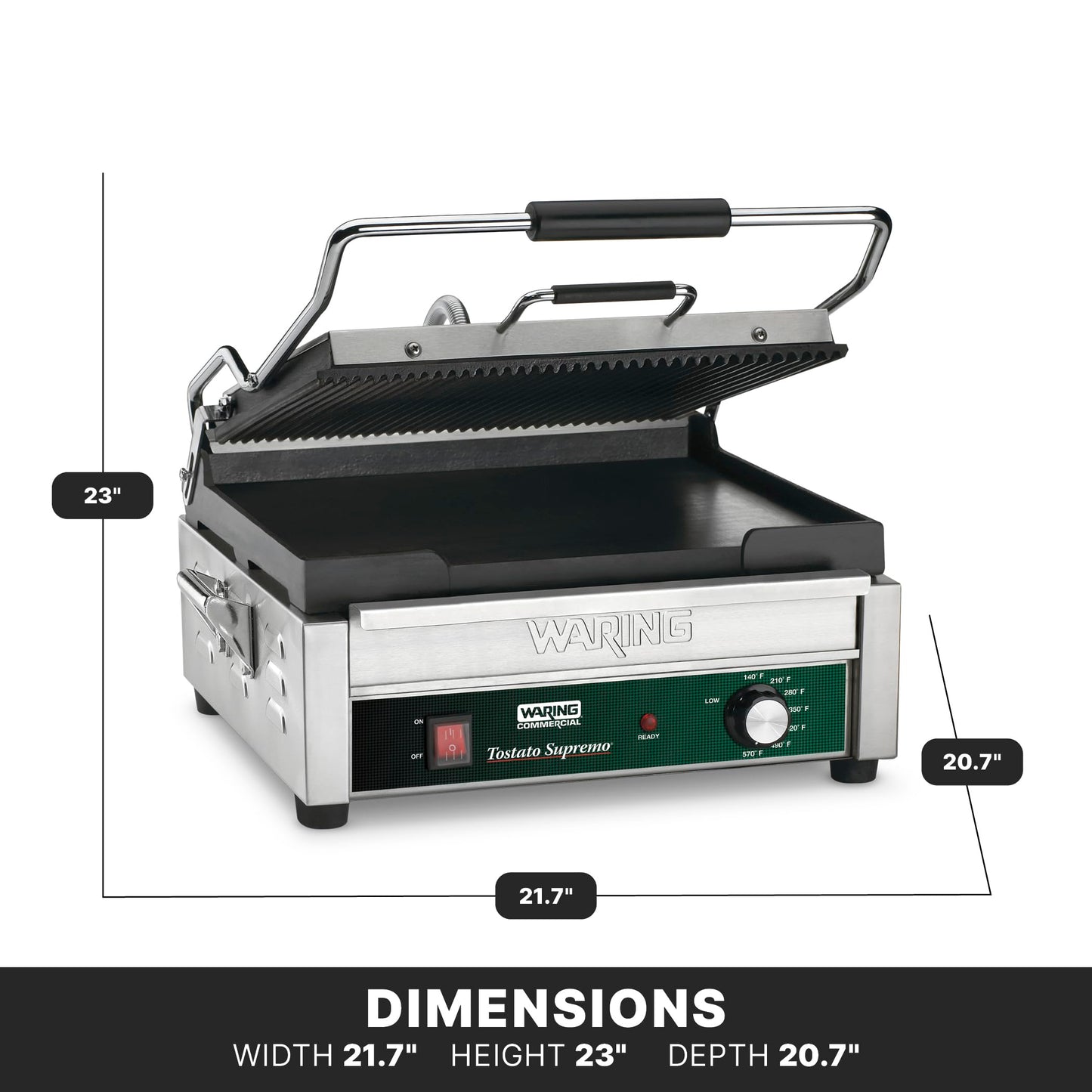 Waring Commercial WDG250 Tostato Supremo Ribbed Top Plate and Flat Bottom Plate Large Surface Panini Grill, 120 V, 1800W, 5-15 Phase Plug