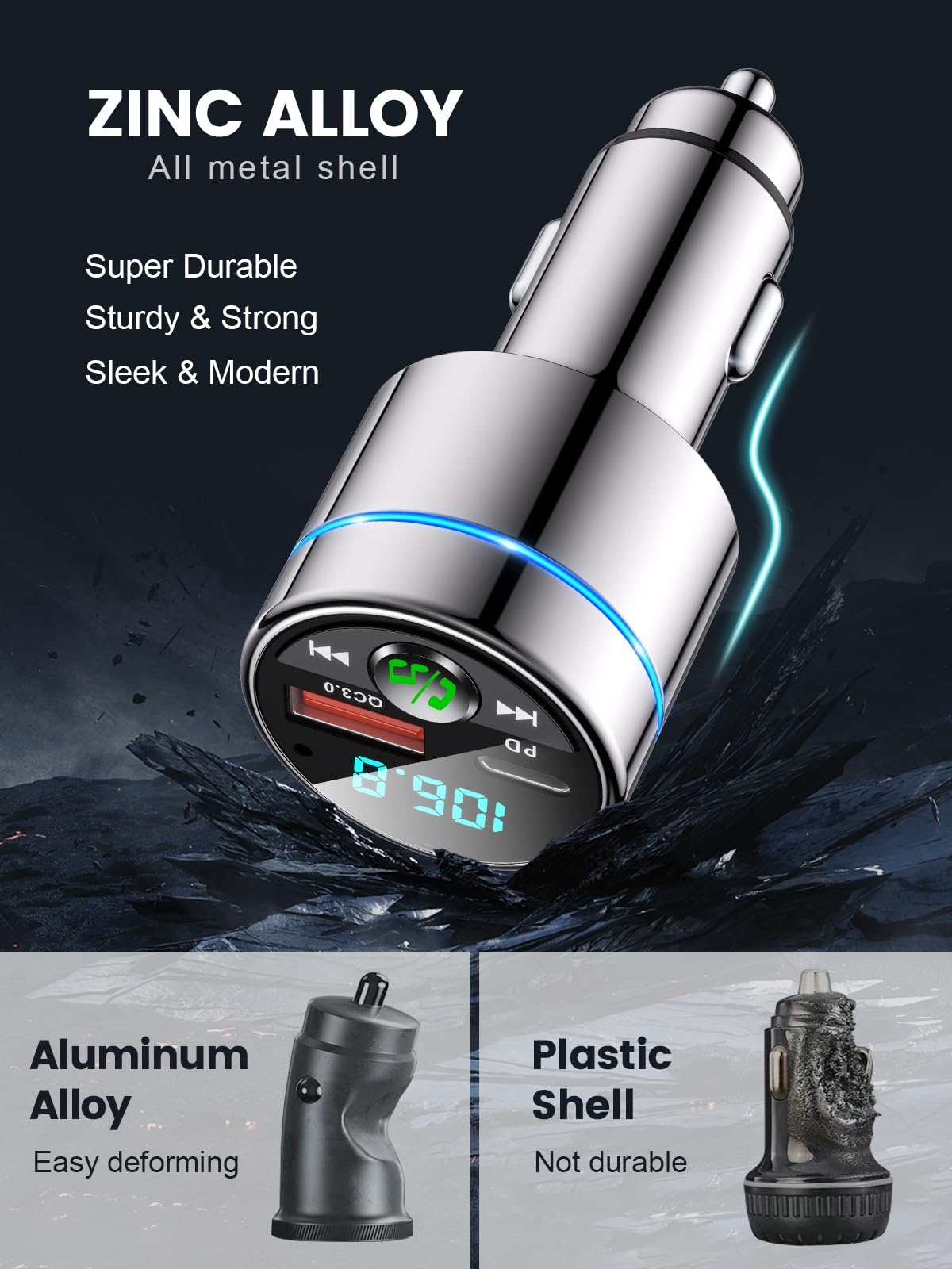 FM Transmitter for Bluetooth 5.3, [All-Metal] PD 30W & QC3.0 18W Fast Car Charger, Wireless FM Radio Kit Bluetooth Car Adapter, Noise Cancelling Hands-Free Call, Blue Light - Silver