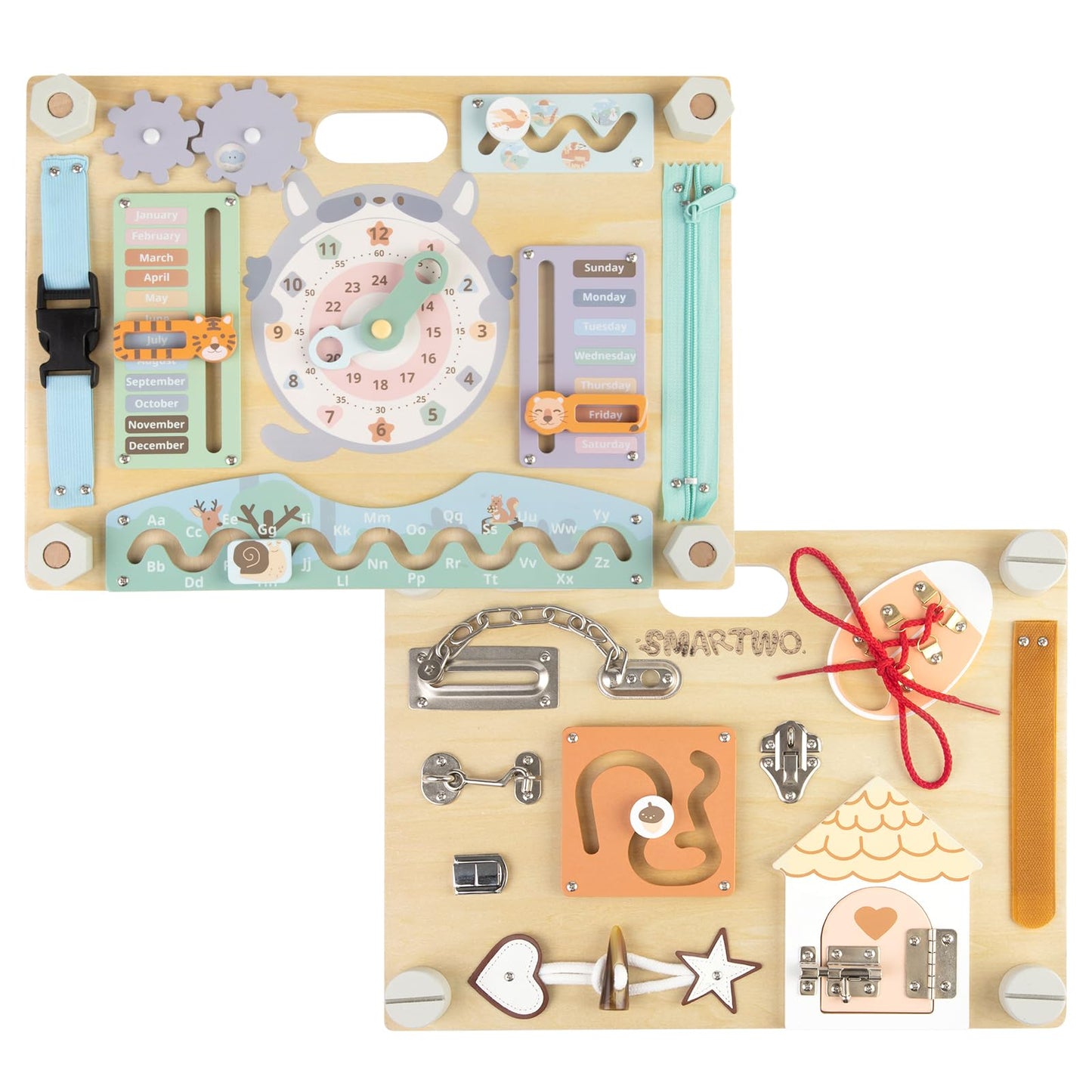 Smartwo Double-Sided Wooden Busy Board for Toddlers, Sensory Activity Board, Montessori Travel Toy for Kids, Educational Toy for Autism, Ideal Choice for Baby Girls or Boys Birthday