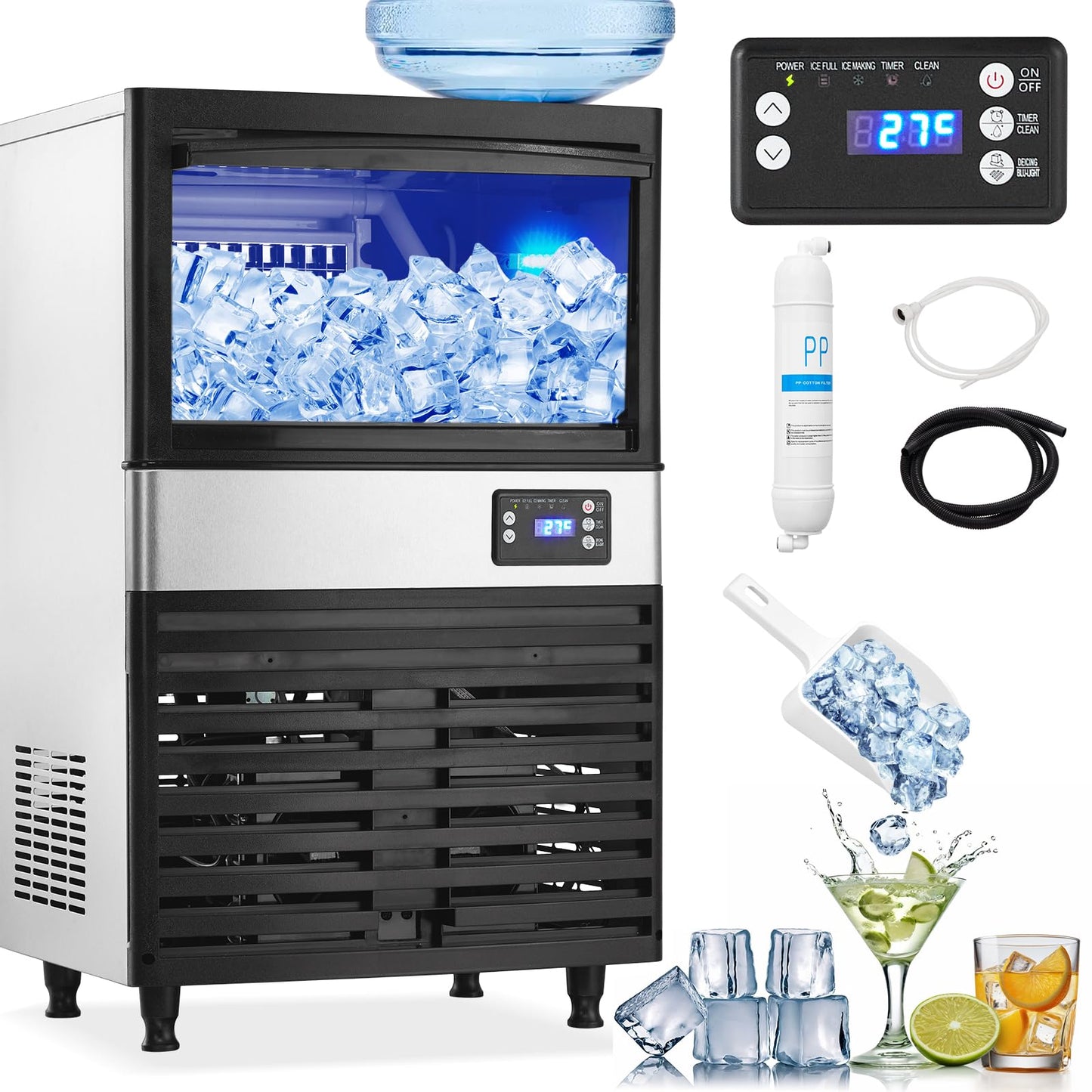Commercial Ice Maker, 2 Water Inlet Modes, Ice Machine 120Lbs/24H with 30Lbs Storage Capacity, 60Pcs/Cycle Ice Cubes, Stainless Steel Freestanding Ice Machine for Home/Shop/Office/Bar