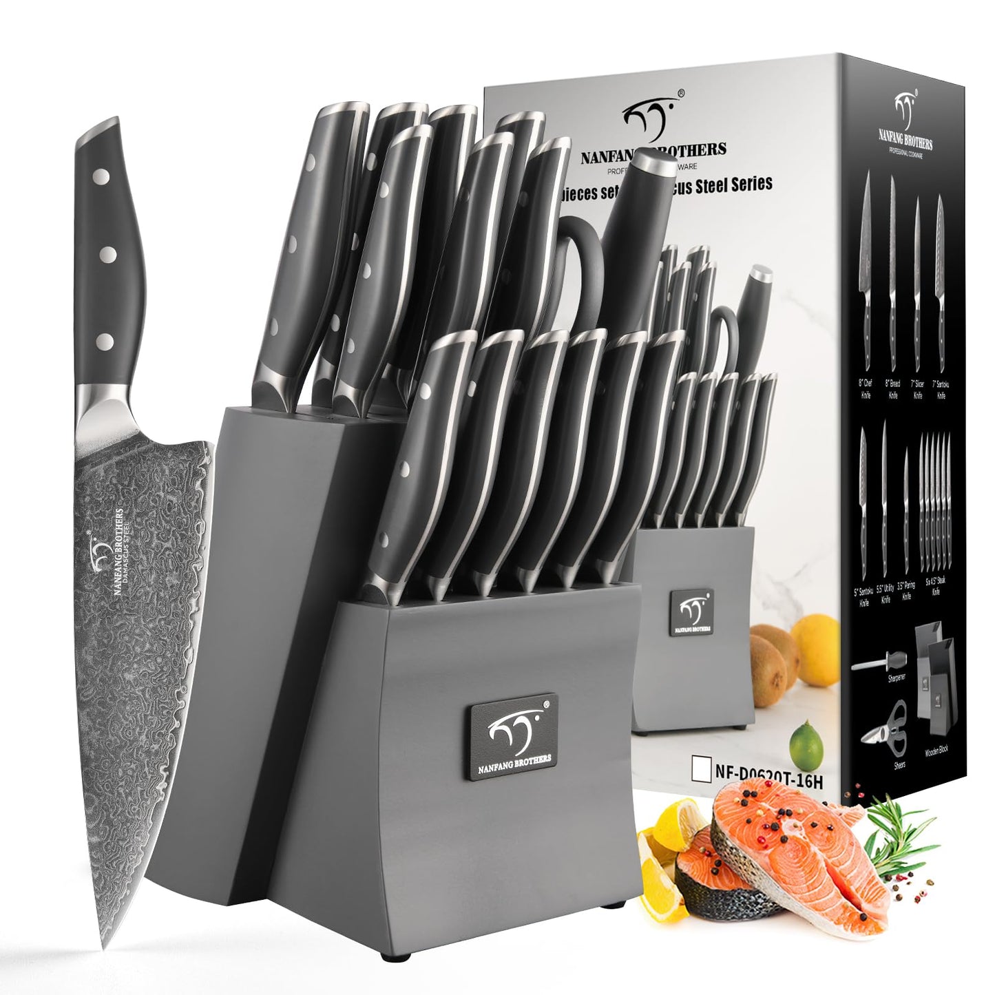 NANFANG BROTHERS Knife Set, 16-Pieces Damascus Kitchen Knife Set with Block, ABS Ergonomic Handle for Chef, Carving Fork, Disconnect-type Knife Block Set (Gray)