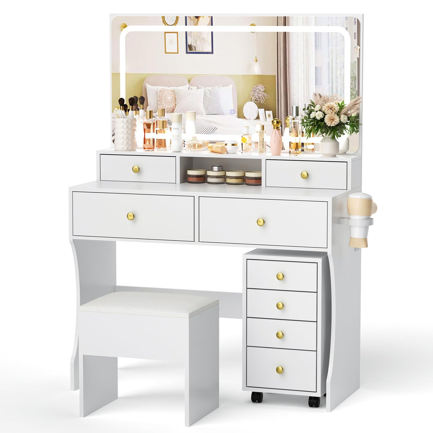 Pamapic Vanity Desk with File Cabinet, 8 Drawers Makeup Vanity with Mirror and Lights,3 Lighting Modes Dressing Table with Chair, Power Outlet, Silent Slides, White