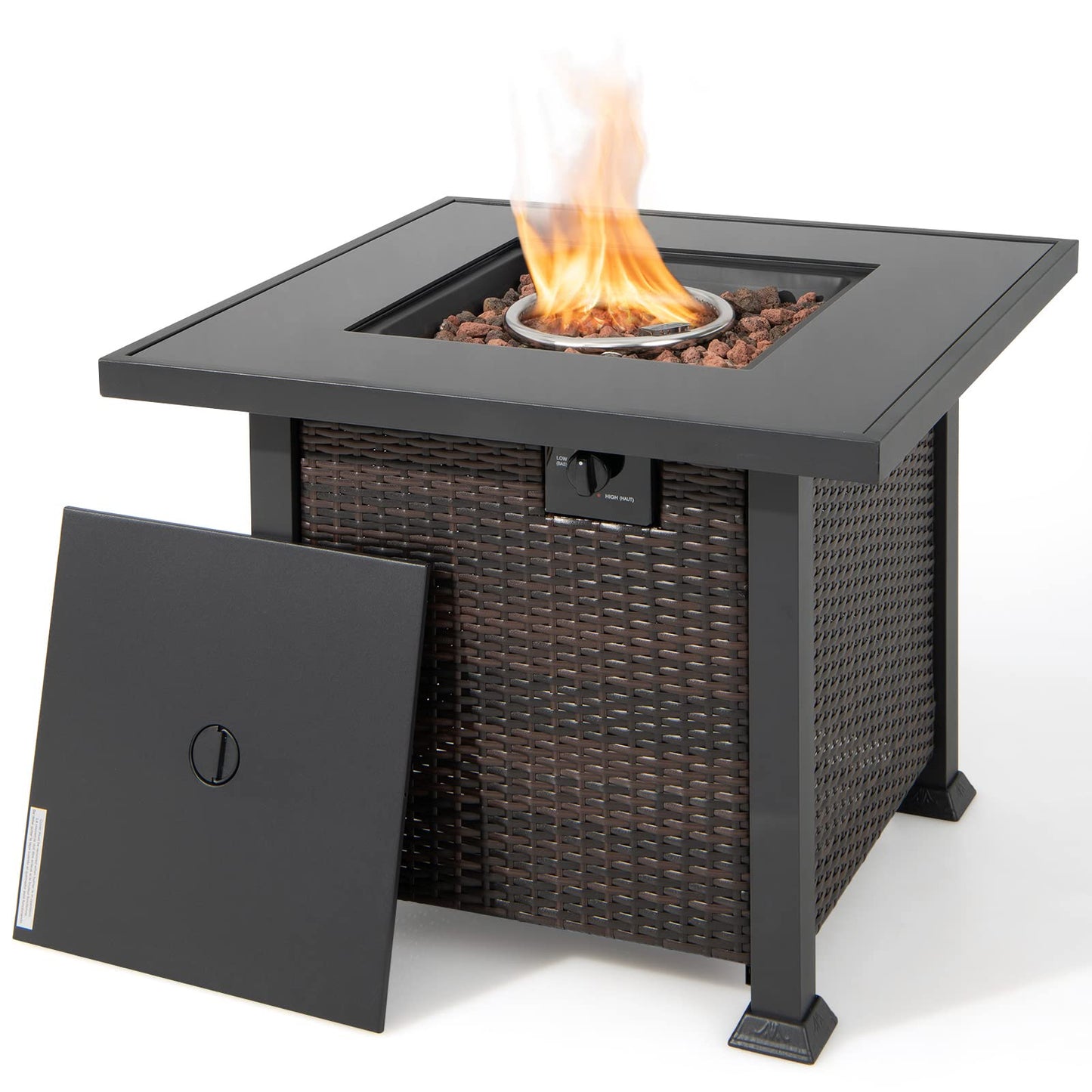 Tangkula 50,000 BTU Propane Fire Pit Table, Patiojoy 32 Inch Wicker Gas Fire Pit with Removable Lid and Lava Stone, Outdoor Square Rattan Fire Table with PVC Cover, Mix Brown