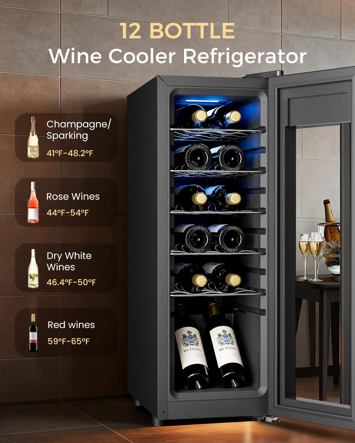 Feelfunn 12 Bottle Wine Cooler Refrigerator - Small Wine Fridge for Red, White, Champagne, Freestanding Wine Cellar with Glass Door & Digital Temperature Control for Home Bar, Office