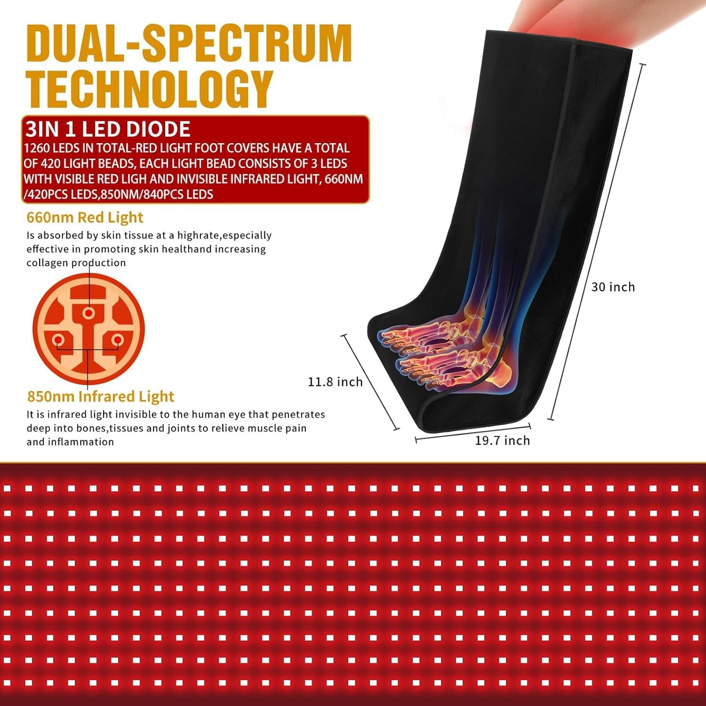Red-Light-Therapy-for-Feet,Red Light Therapy for Legs Ankle,Infrared Light Therapy Consisting of 420 Dual Wavelength LED,Adjustable Power and Time Controller 30 * 19.7 * 11.8IN - Black